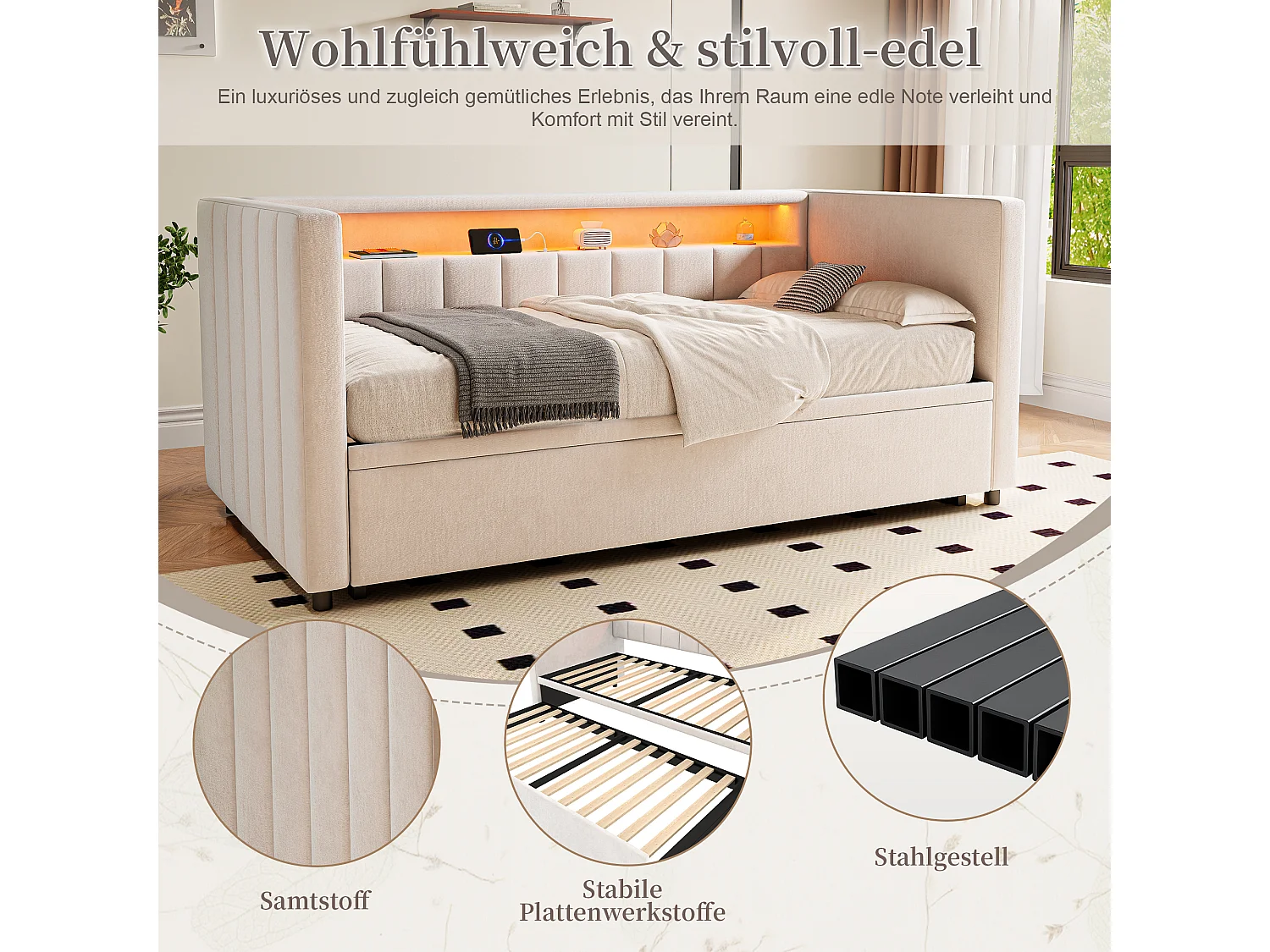 Lit banquette 90x190cm convertible en lit double 180x190cm - LED et USB - Velours beige