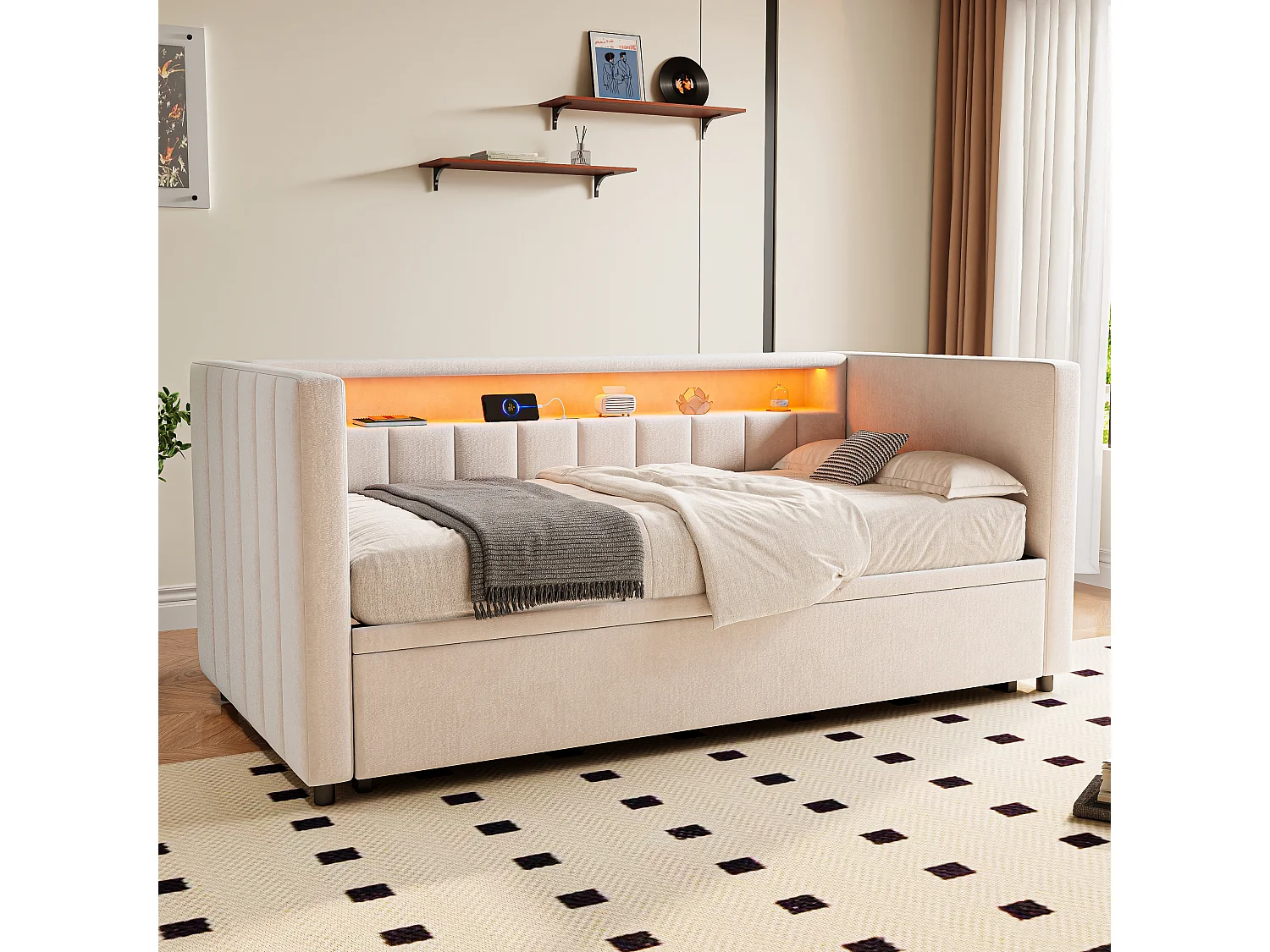 Sofá cama de 90x190 cm convertible en cama doble de 180x190 cm - LED y USB - Terciopelo beige