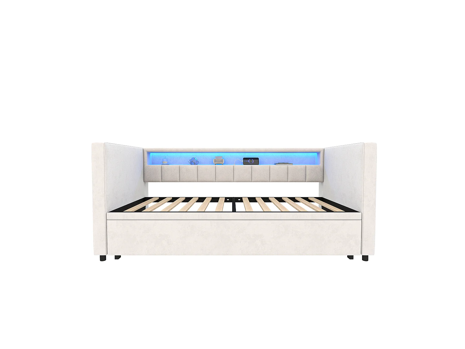 Sofá cama de 90x190 cm convertible en cama doble de 180x190 cm - LED y USB - Terciopelo beige