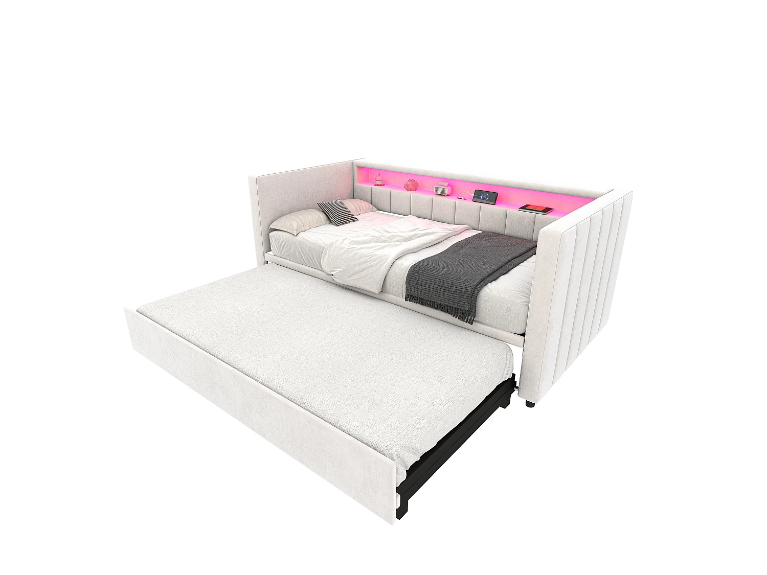 Sofá cama de 90x190 cm convertible en cama doble de 180x190 cm - LED y USB - Terciopelo beige