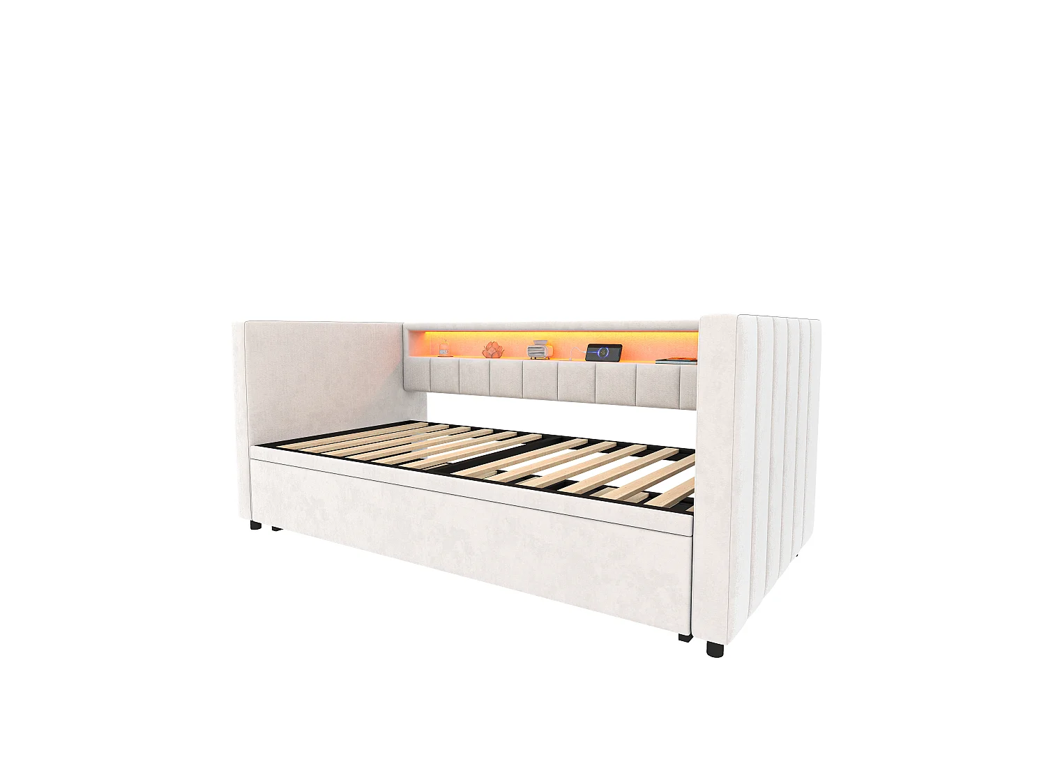 Sofá cama de 90x190 cm convertible en cama doble de 180x190 cm - LED y USB - Terciopelo beige