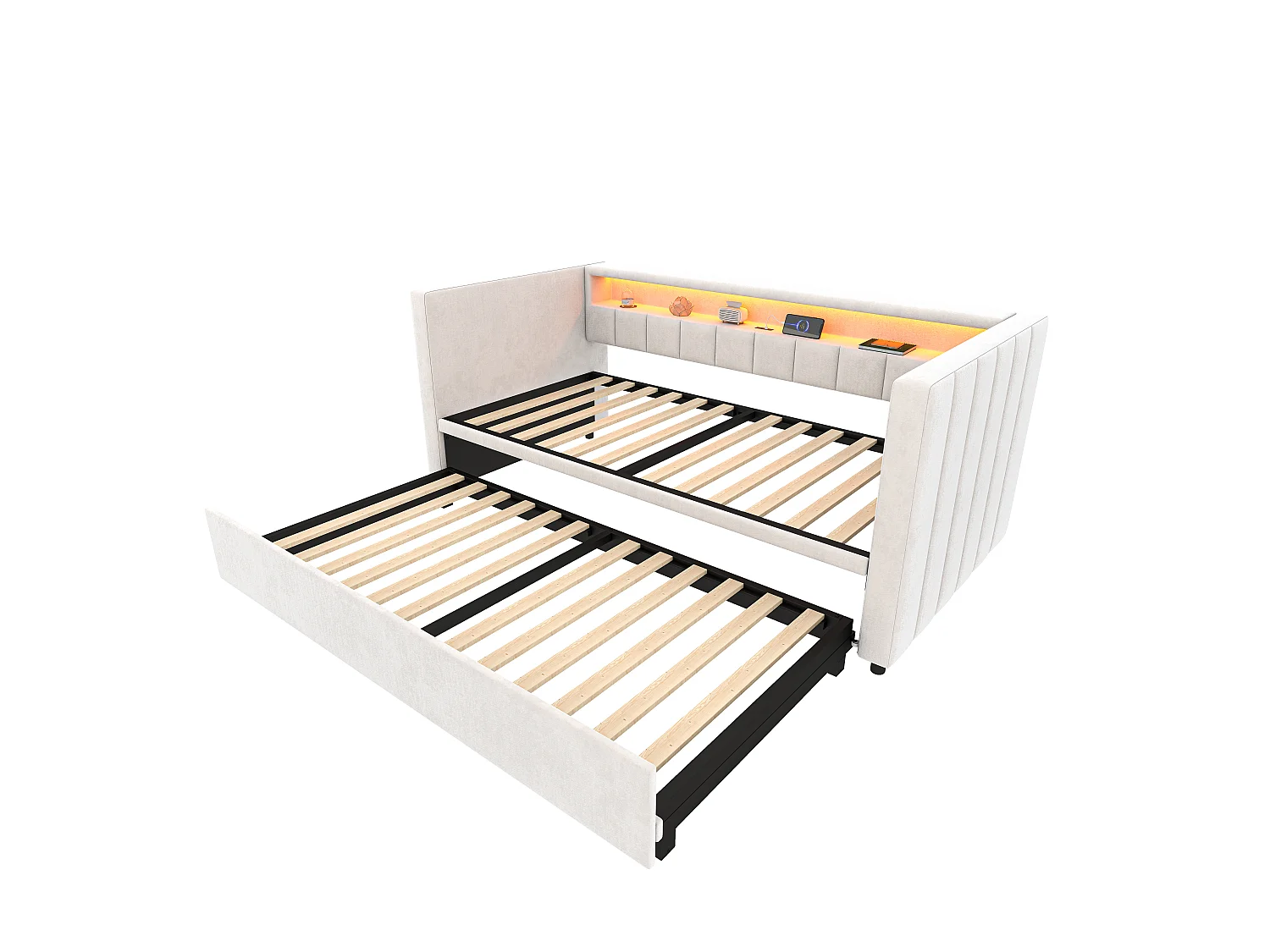 Sofá cama de 90x190 cm convertible en cama doble de 180x190 cm - LED y USB - Terciopelo beige