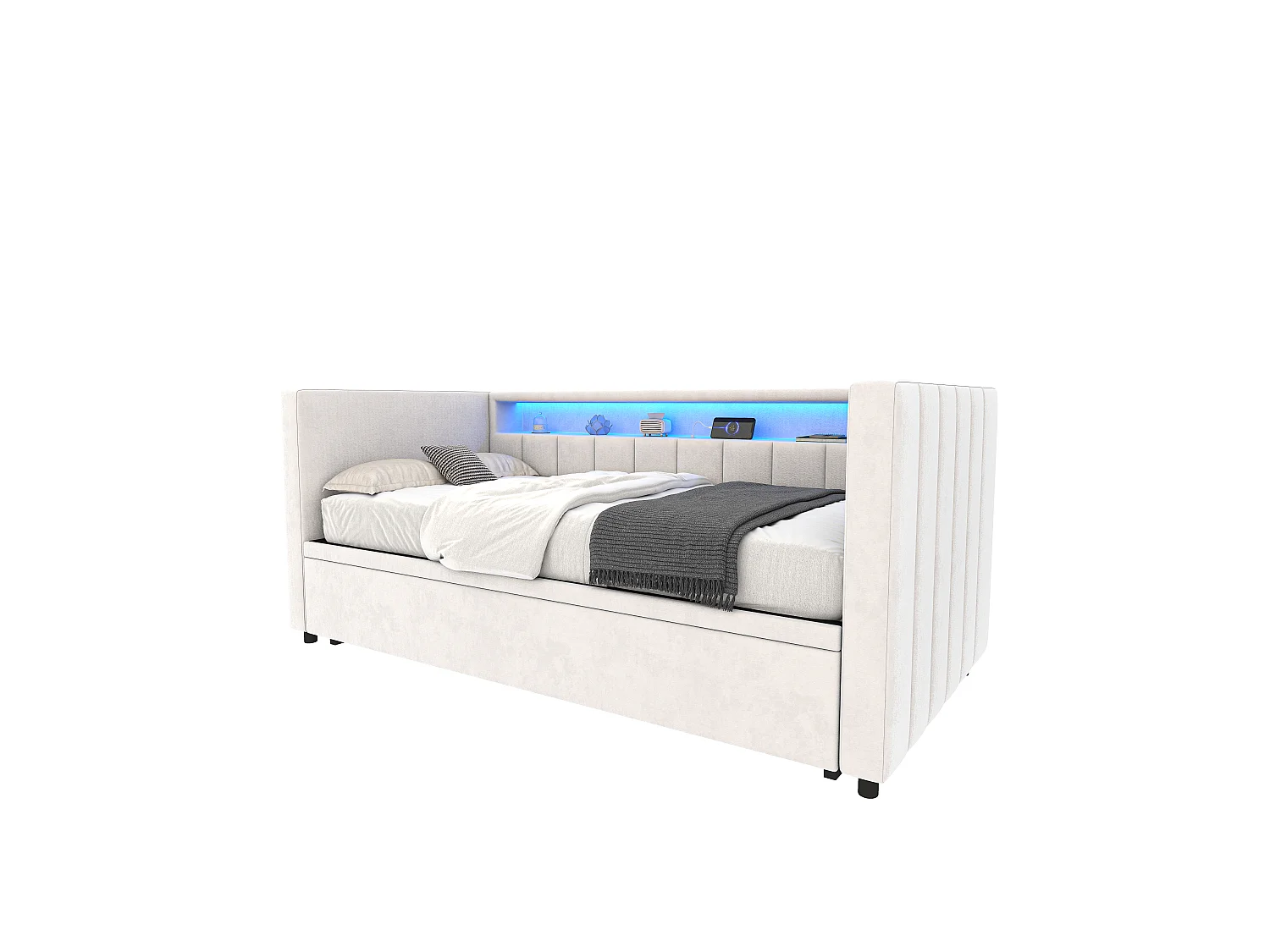 Sofá cama de 90x190 cm convertible en cama doble de 180x190 cm - LED y USB - Terciopelo beige
