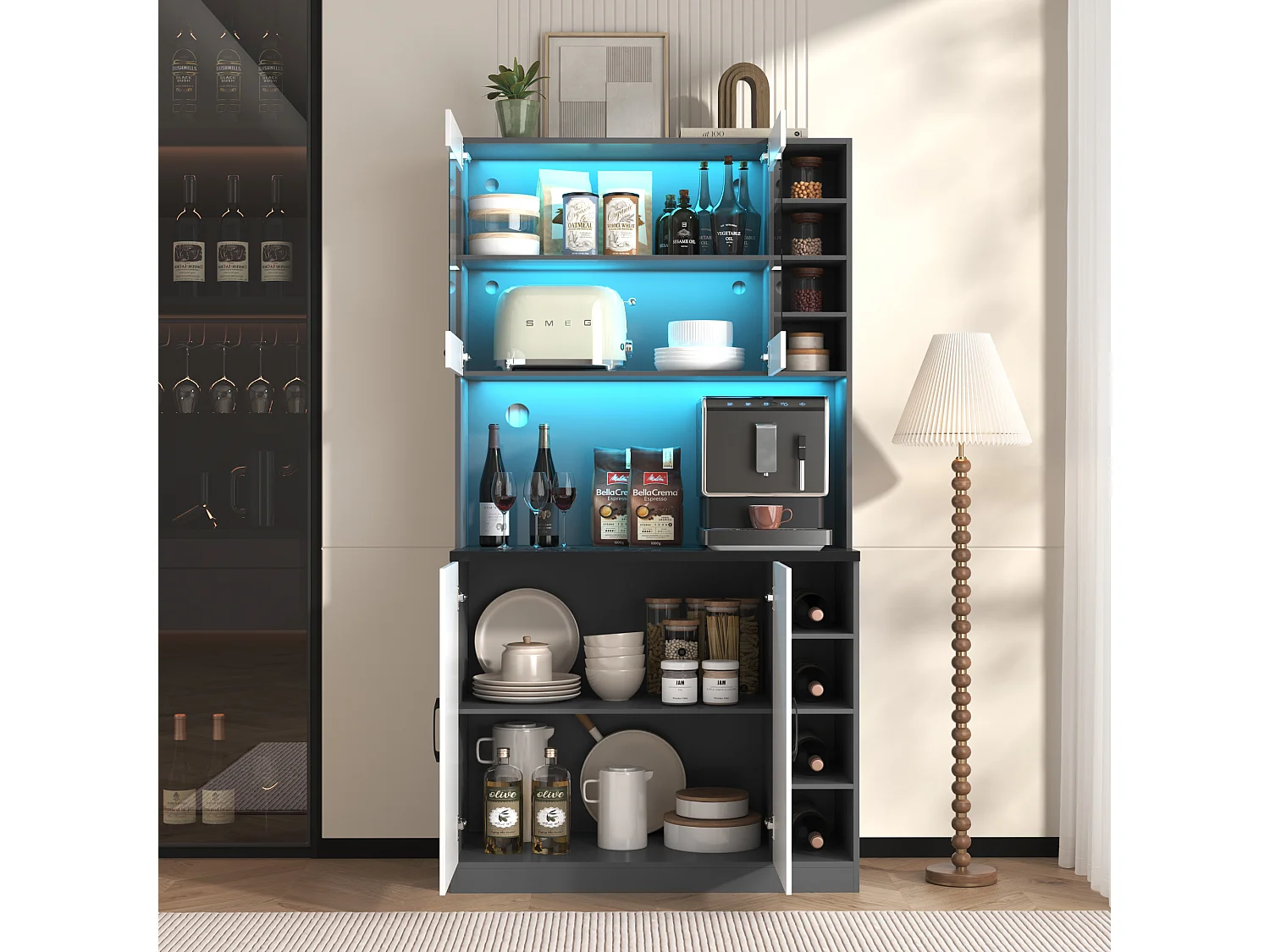 Aparador de cocina con 2 puertas, 2 puertas acrílicas e iluminación LED, gris y blanco