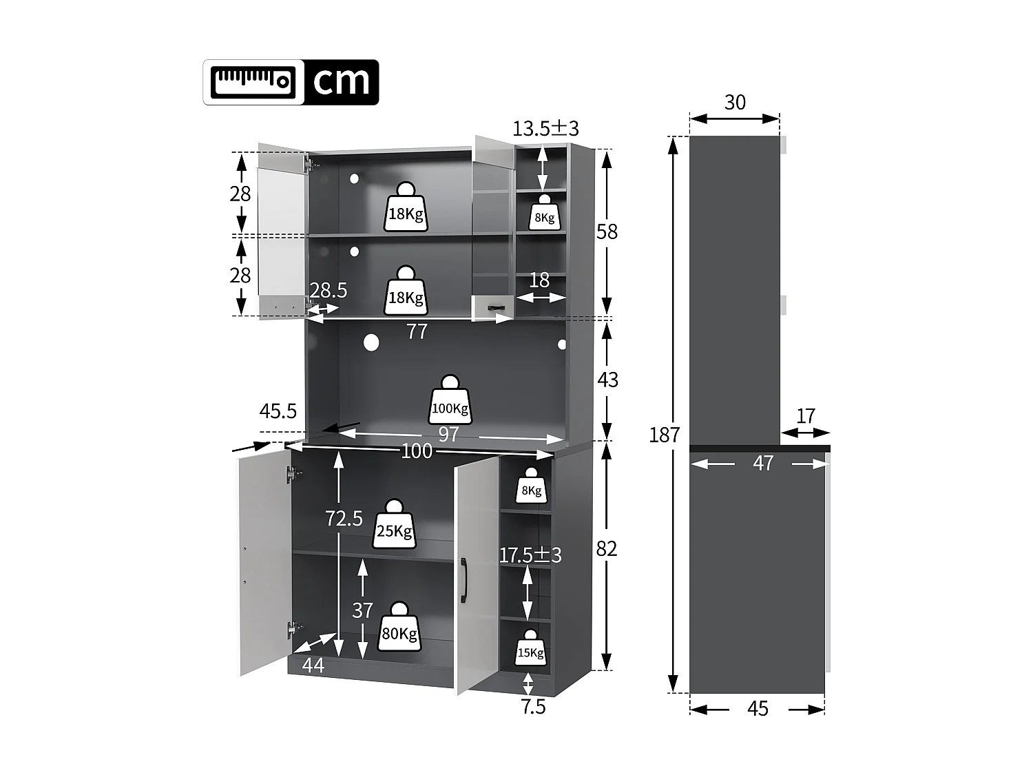 Aparador de cocina con 2 puertas, 2 puertas acrílicas e iluminación LED, gris y blanco