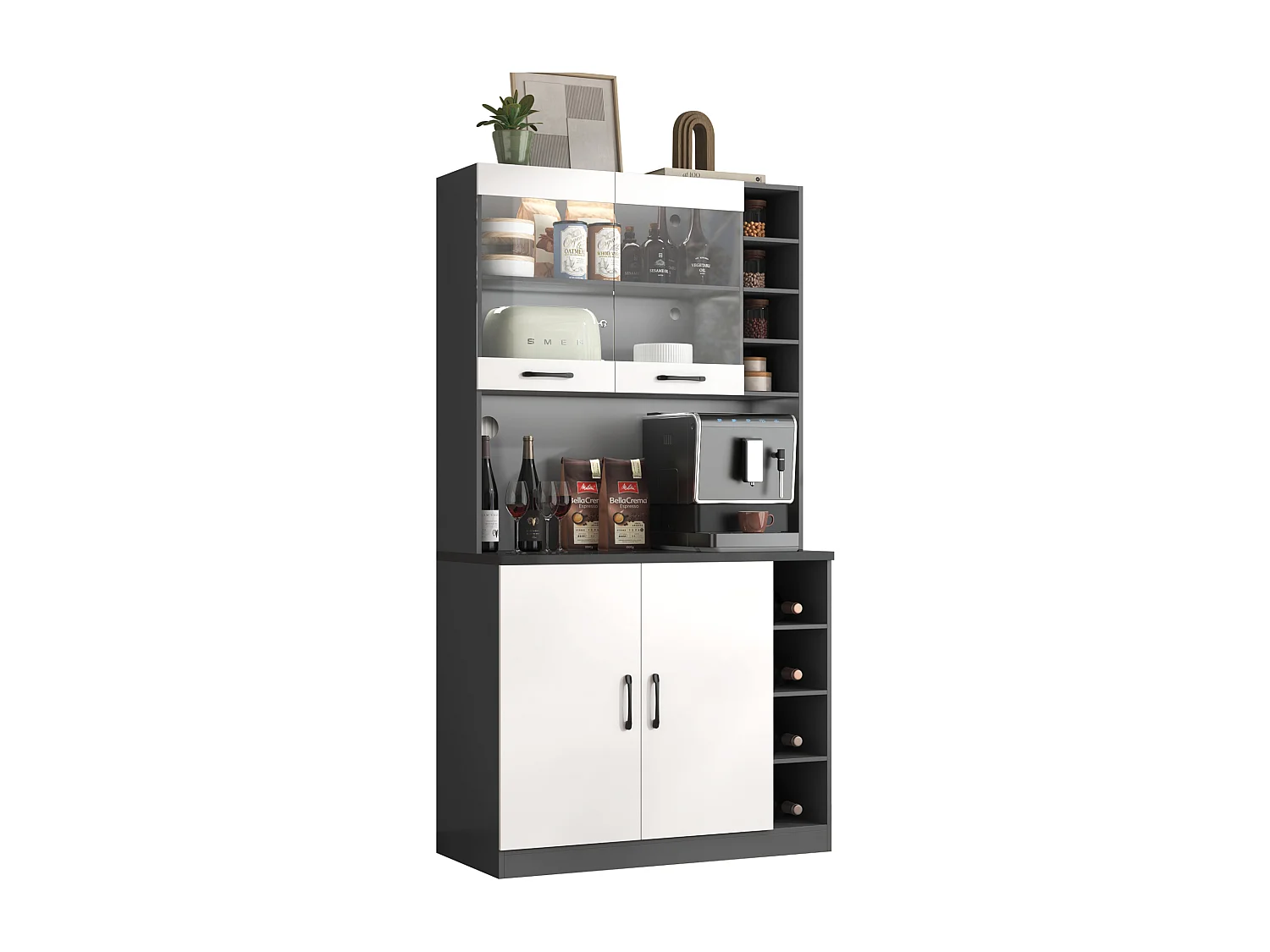Buffet de cuisine avec 2 portes, 2 acrylique portes et éclairage LED ,  gris et blanc