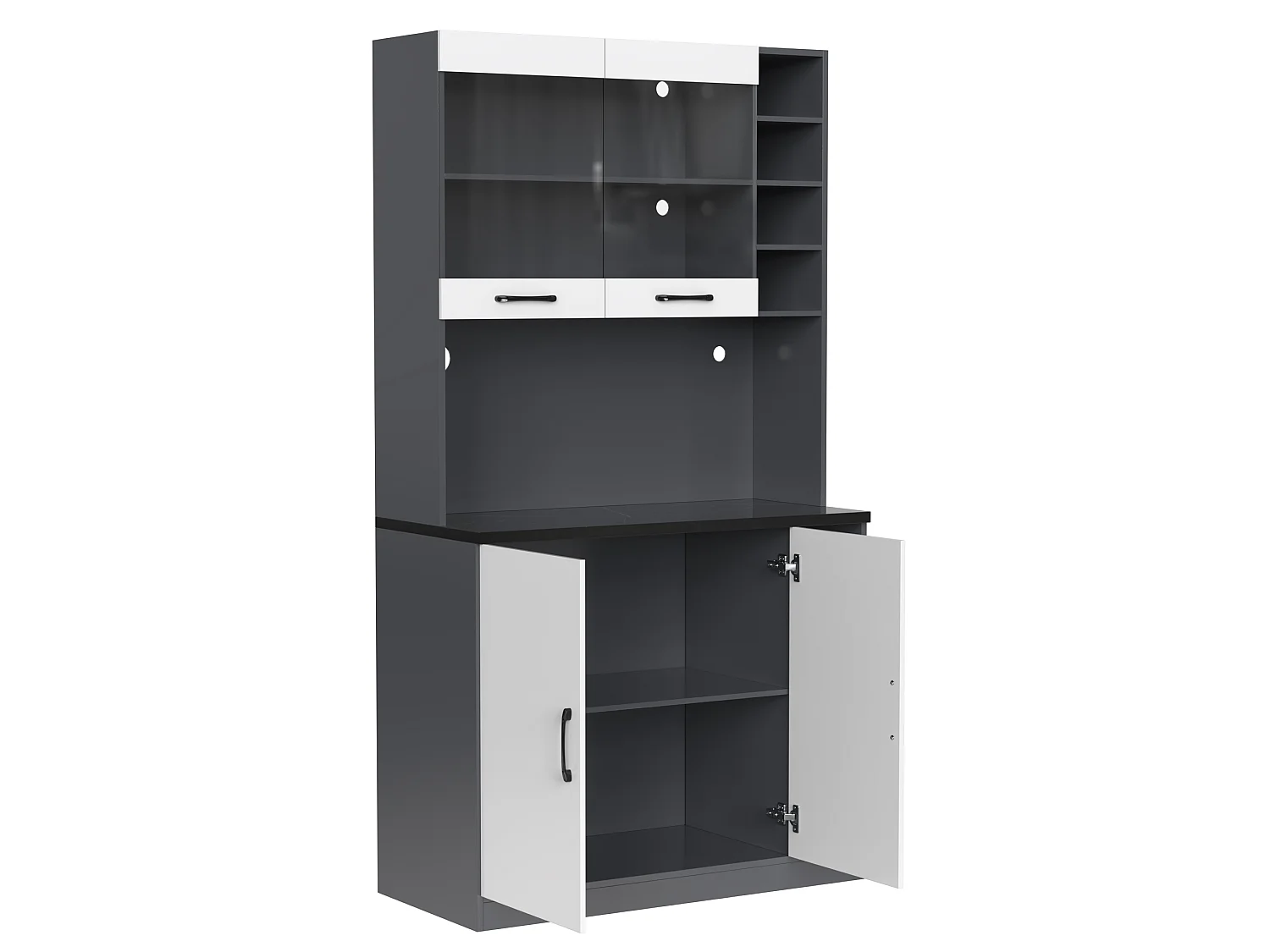 Aparador de cocina con 2 puertas, 2 puertas acrílicas e iluminación LED, gris y blanco