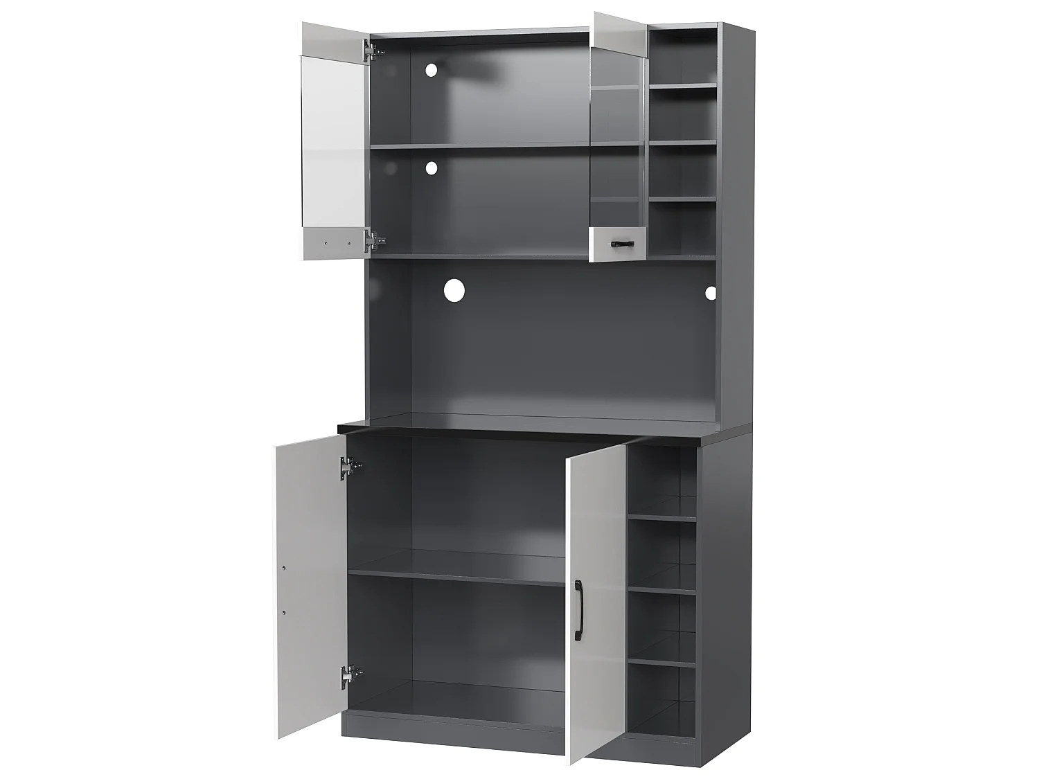 Aparador de cocina con 2 puertas, 2 puertas acrílicas e iluminación LED, gris y blanco
