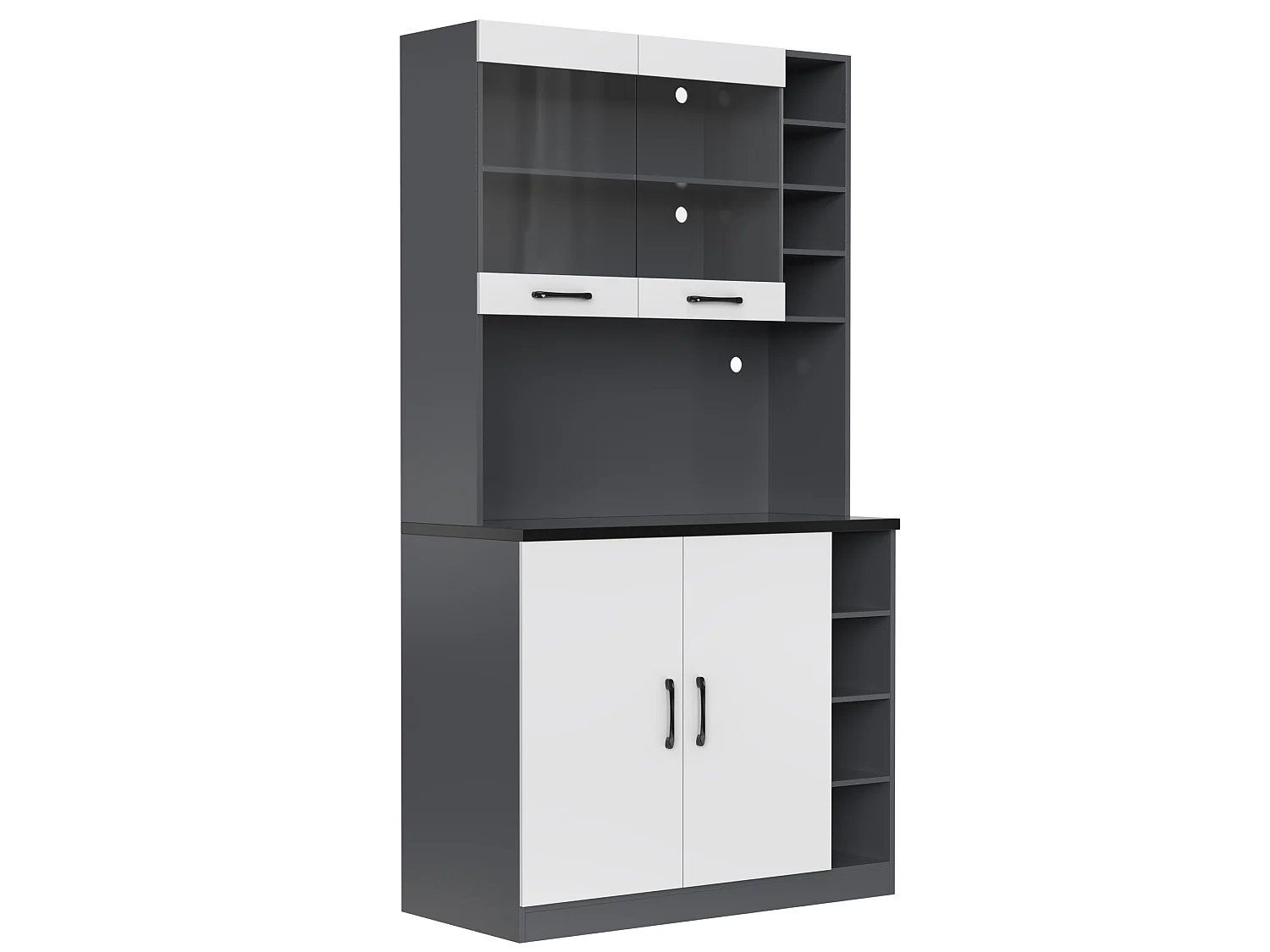 Aparador de cocina con 2 puertas, 2 puertas acrílicas e iluminación LED, gris y blanco