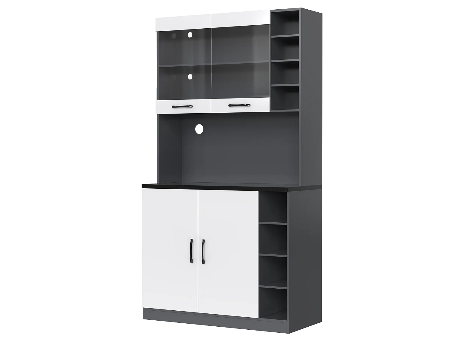 Aparador de cocina con 2 puertas, 2 puertas acrílicas e iluminación LED, gris y blanco