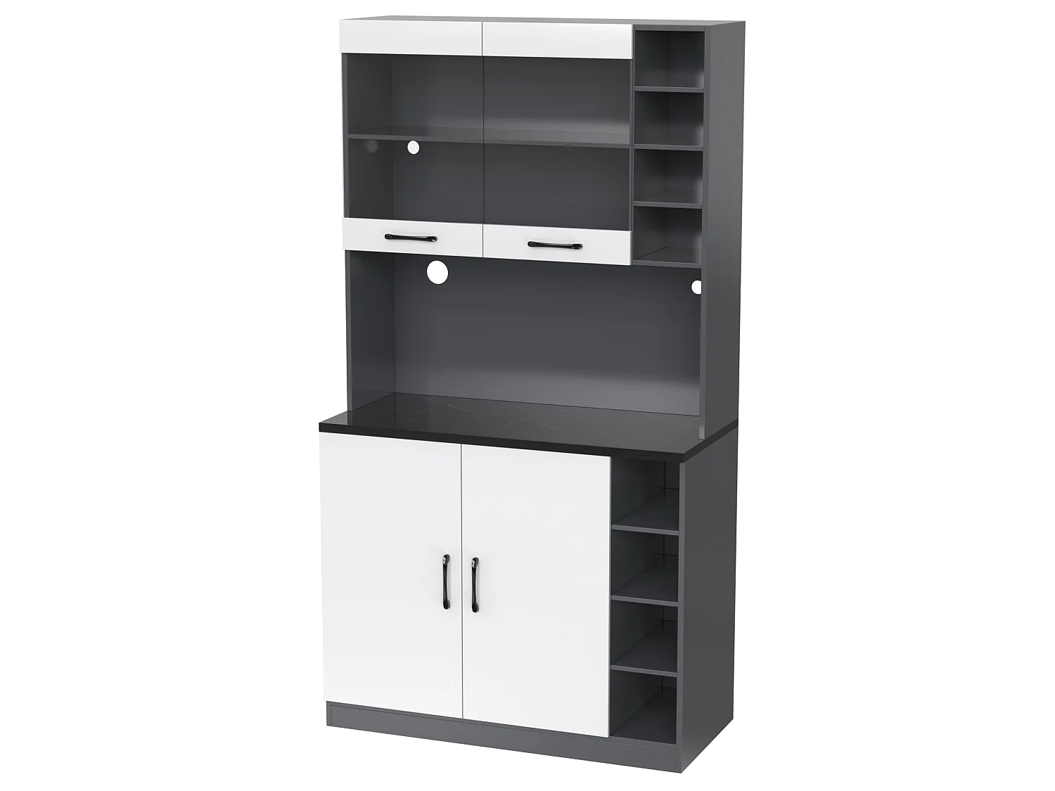 Aparador de cocina con 2 puertas, 2 puertas acrílicas e iluminación LED, gris y blanco