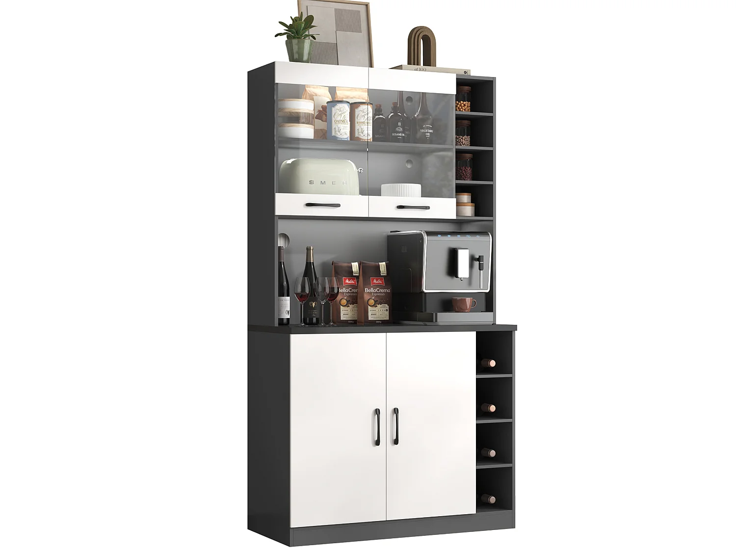 Aparador de cocina con 2 puertas, 2 puertas acrílicas e iluminación LED, gris y blanco