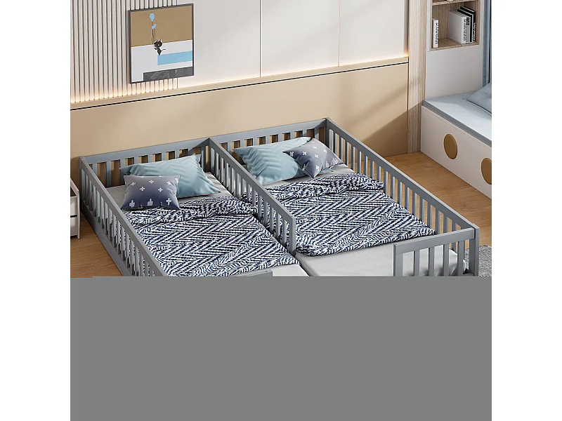 Kinderbed 90x200cm met 2 bedden en uitvalbeveiliging, lattenbodem, grenen, grijs