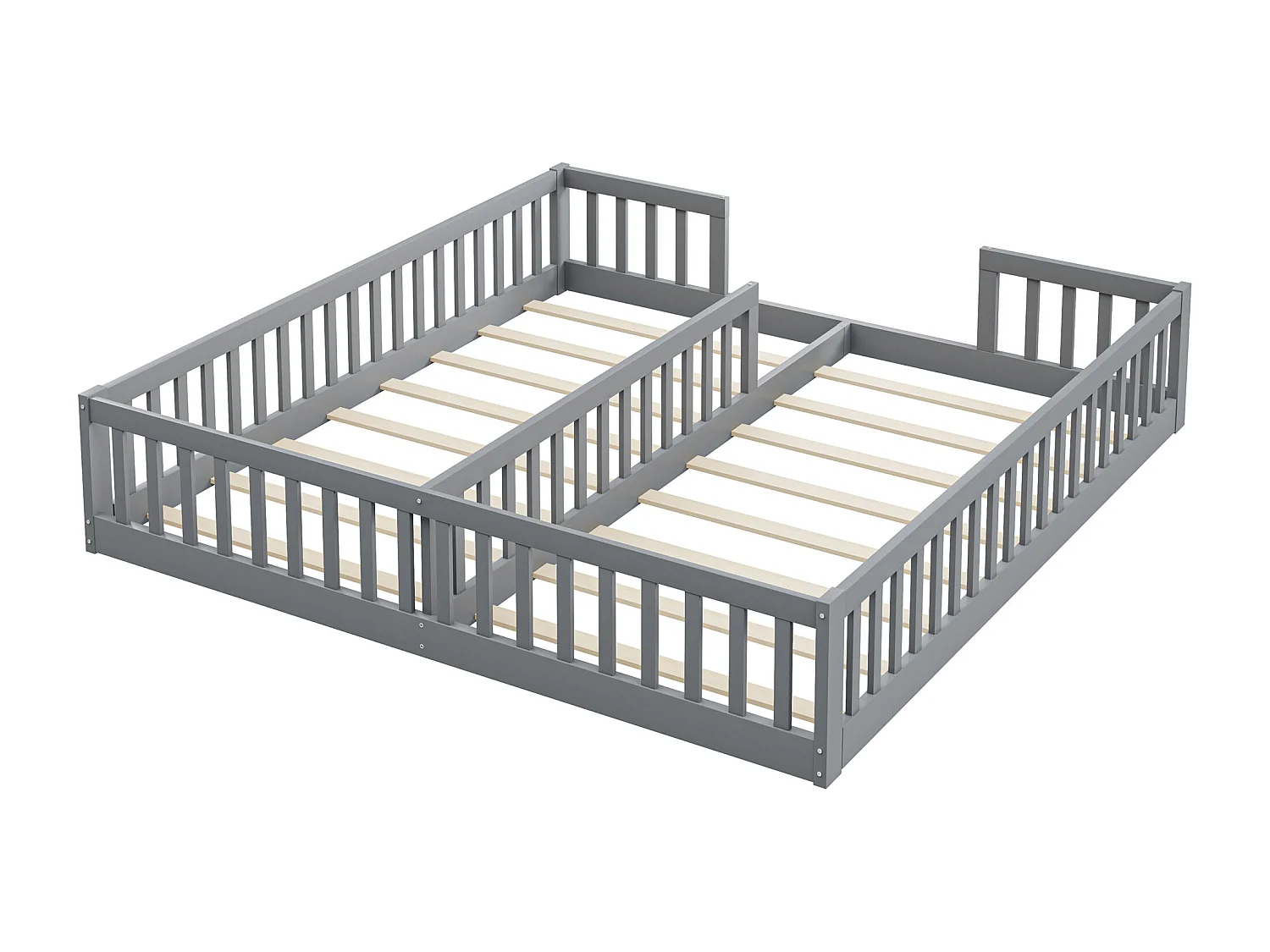 Kinderbed 90x200cm met 2 bedden en uitvalbeveiliging, lattenbodem, grenen, grijs