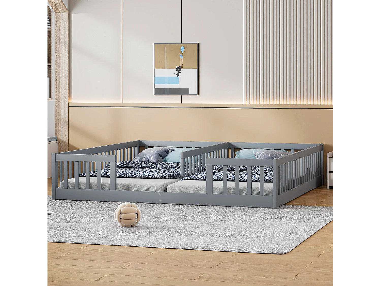 Lit enfant 90x200cm avec 2 lits et barrières de sécurité, sommier à lattes, pin, gris