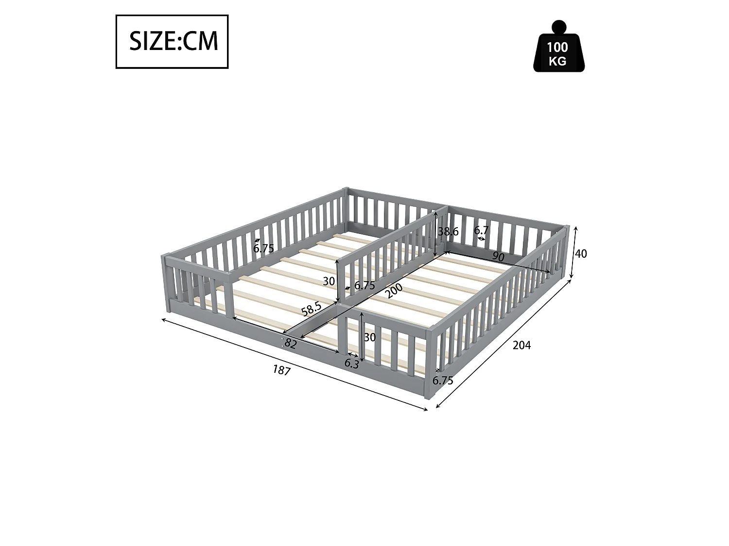 Lit enfant 90x200cm avec 2 lits et barrières de sécurité, sommier à lattes, pin, gris