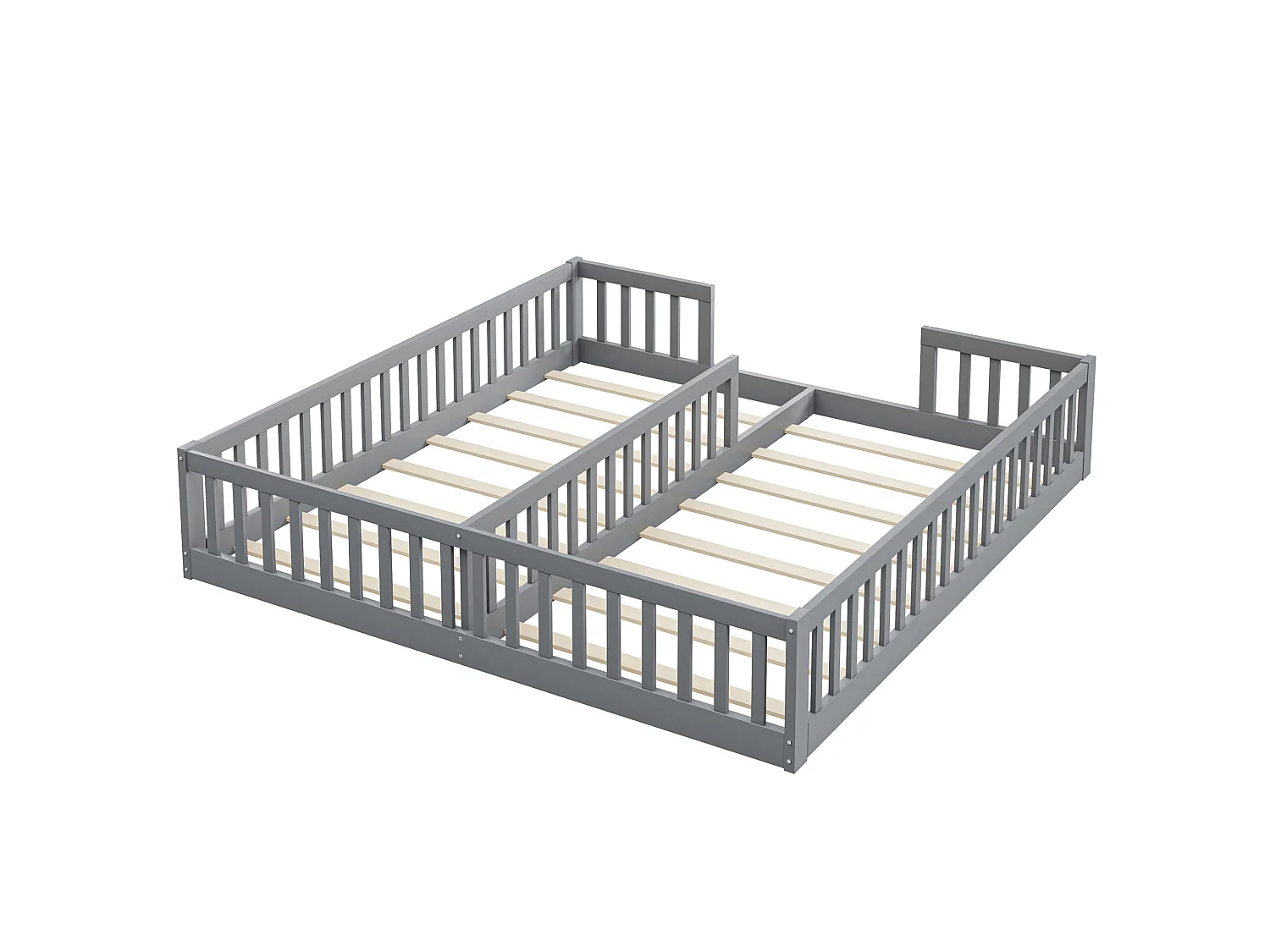 Lit enfant 90x200cm avec 2 lits et barrières de sécurité, sommier à lattes, pin, gris