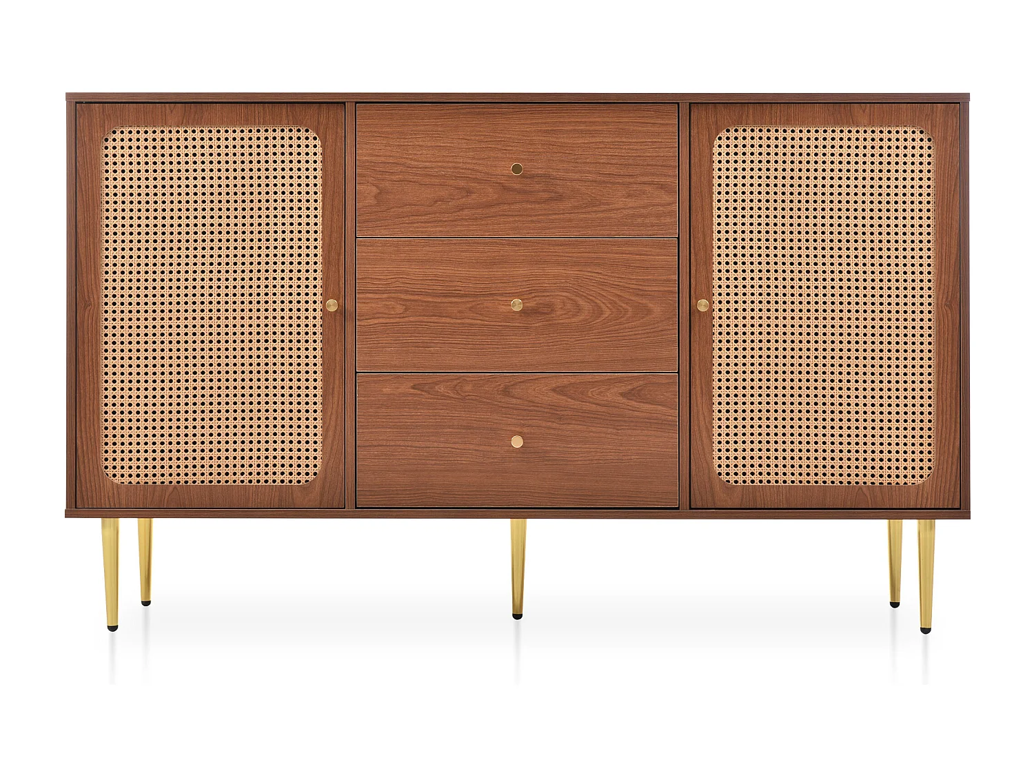 Buffetkast met 3 laden en 2 deuren in rotan, poten van goudkleurig metaal - Kleur walnoot