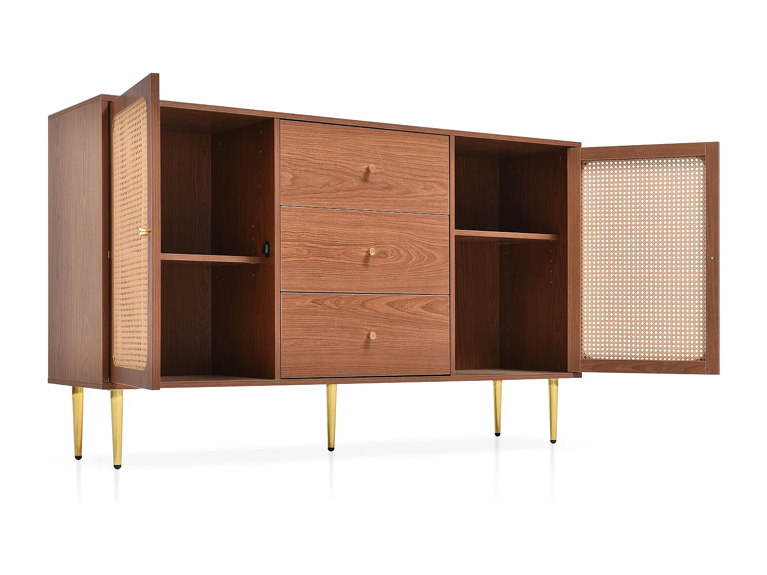 Buffet avec 3 tiroirs et 2 portes en rotin , pieds en métal dorés - Couleur noyer