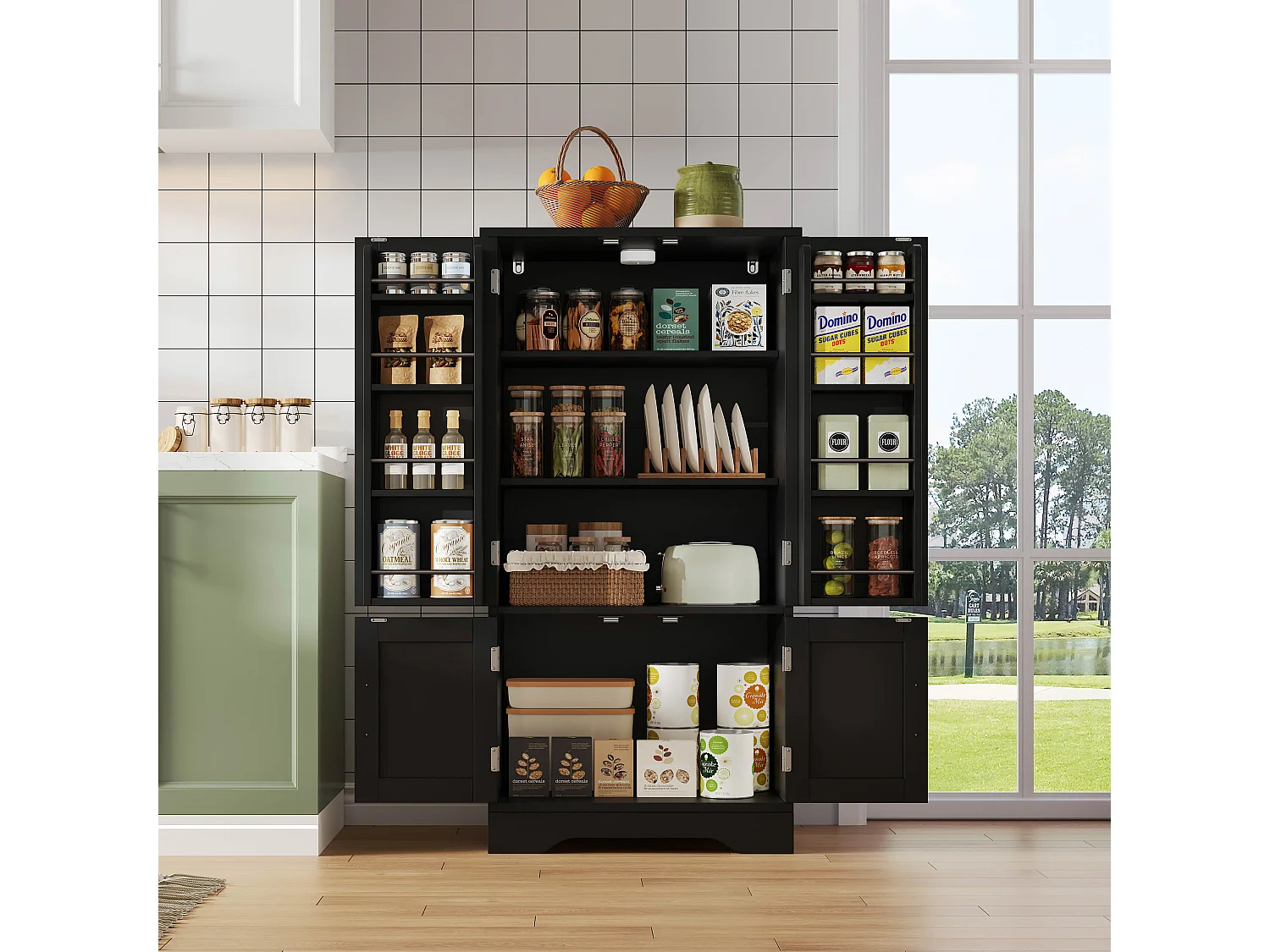 Buffet de cuisine avec 4 portes et détection par LED - étagères réglables -Bois MDF - Noir