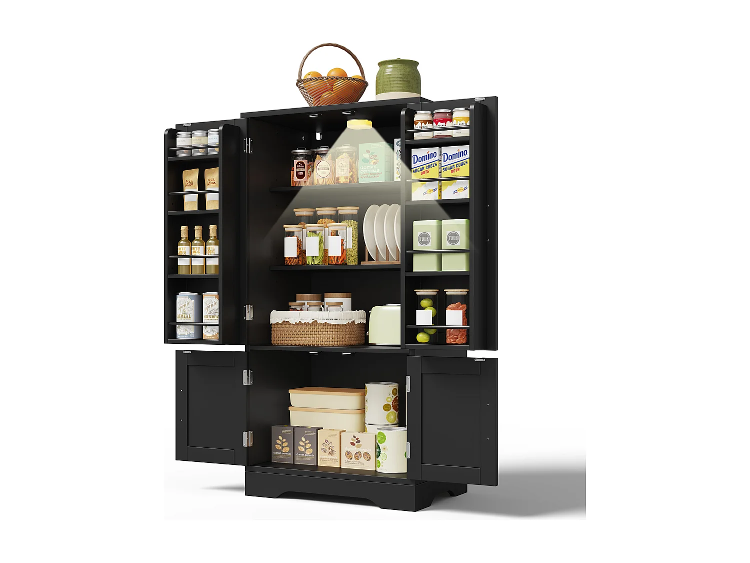 Buffet de cuisine avec 4 portes et détection par LED - étagères réglables -Bois MDF - Noir