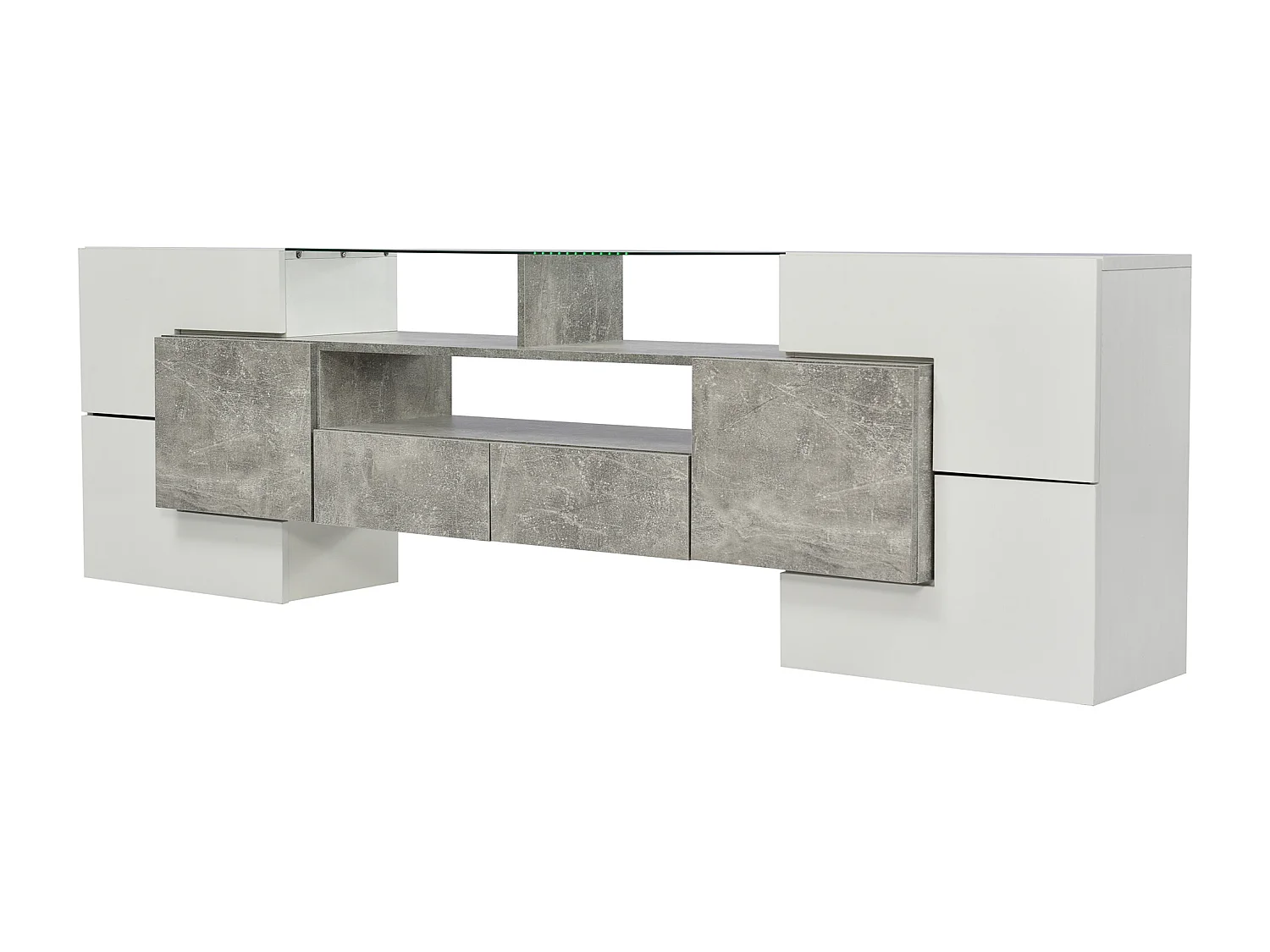 Meuble TV avec LED, 6 portes et 2 tiroirs -Plateau en verre - Blanc et gris