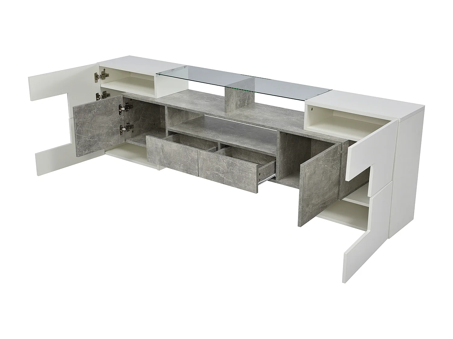 Meuble TV avec LED, 6 portes et 2 tiroirs -Plateau en verre - Blanc et gris