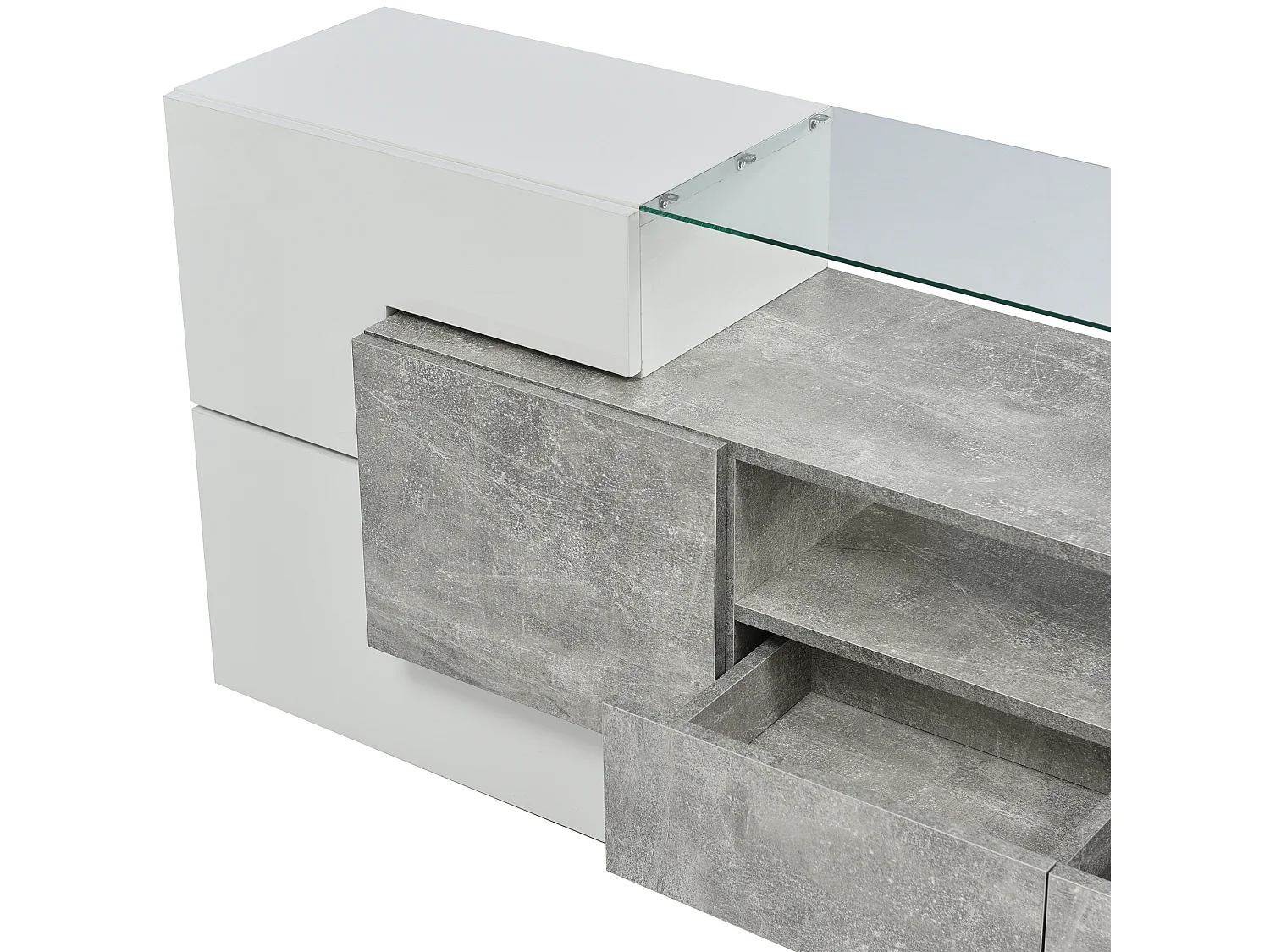 Meuble TV avec LED, 6 portes et 2 tiroirs -Plateau en verre - Blanc et gris