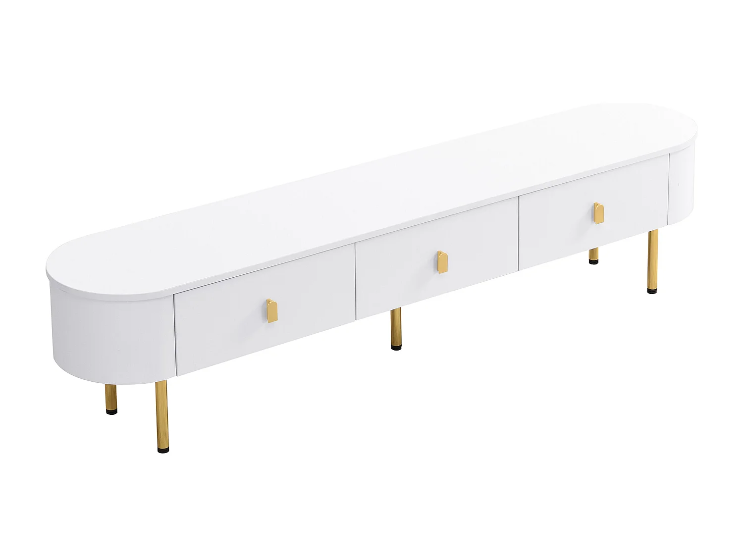 Mueble de TV blanco con 3 cajones, tablero ovalado y patas doradas.