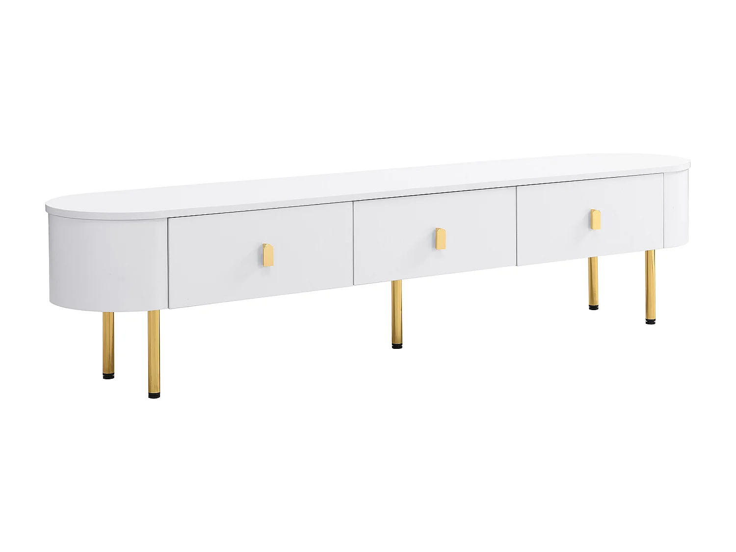 Mueble de TV blanco con 3 cajones, tablero ovalado y patas doradas.