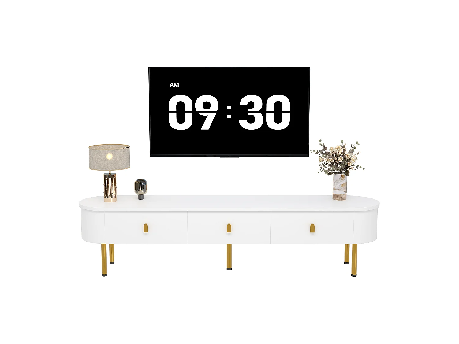 Meuble TV blanche avec 3 tiroir , plateau de table ovale, pieds dorés