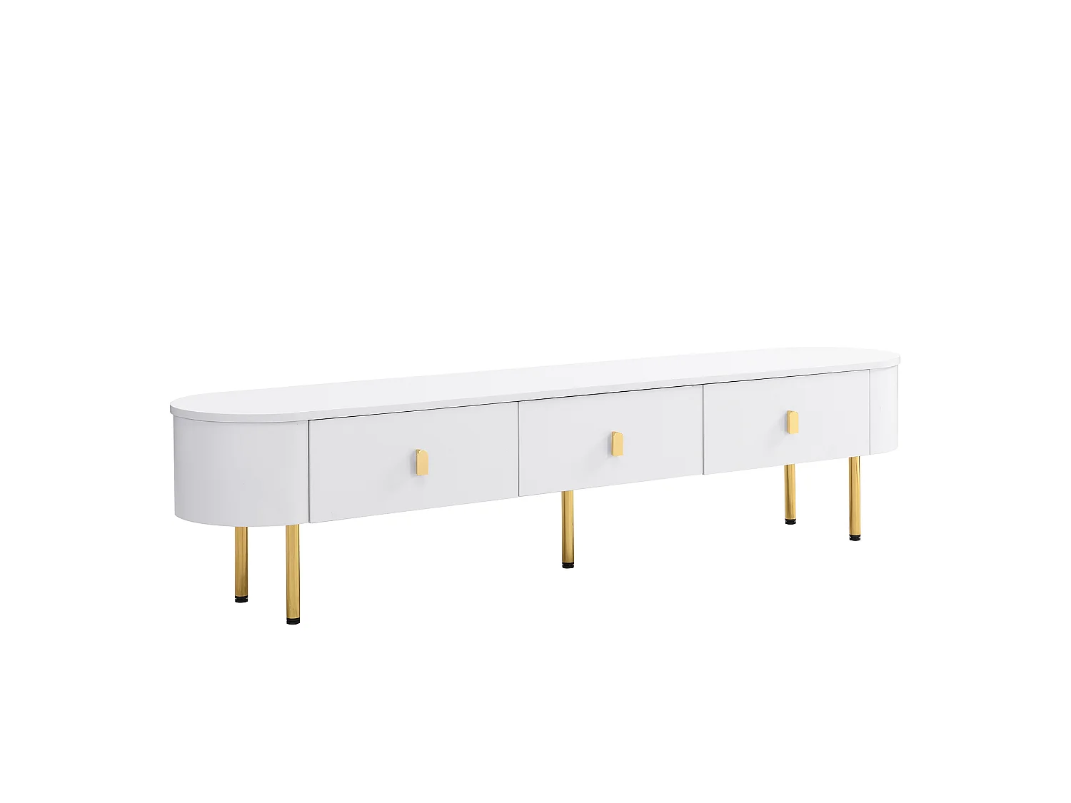 Meuble TV blanche avec 3 tiroir , plateau de table ovale, pieds dorés
