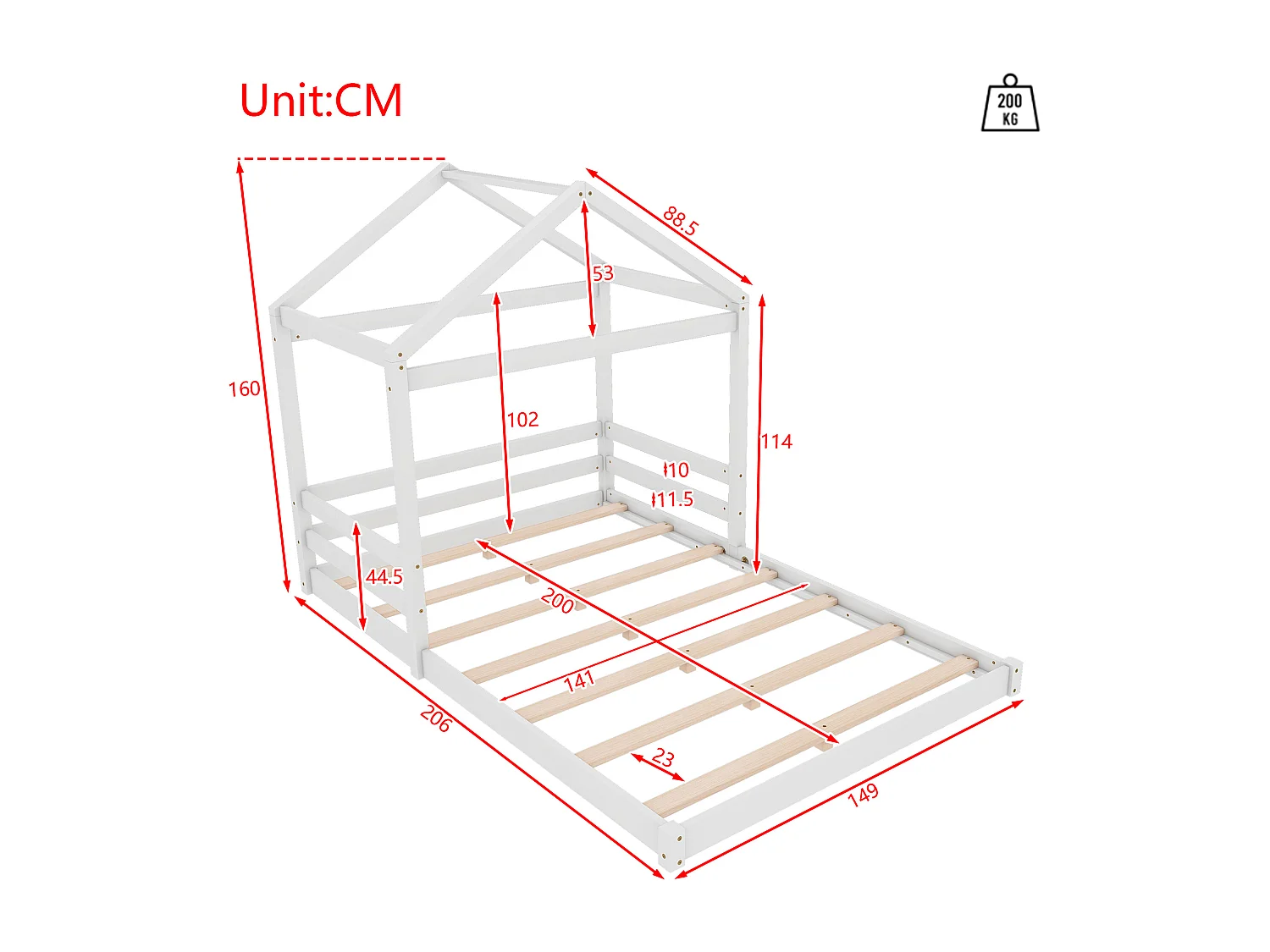 Lit cabane enfant 140x200cm avec sommier à lattes, pin et MDF, blanc