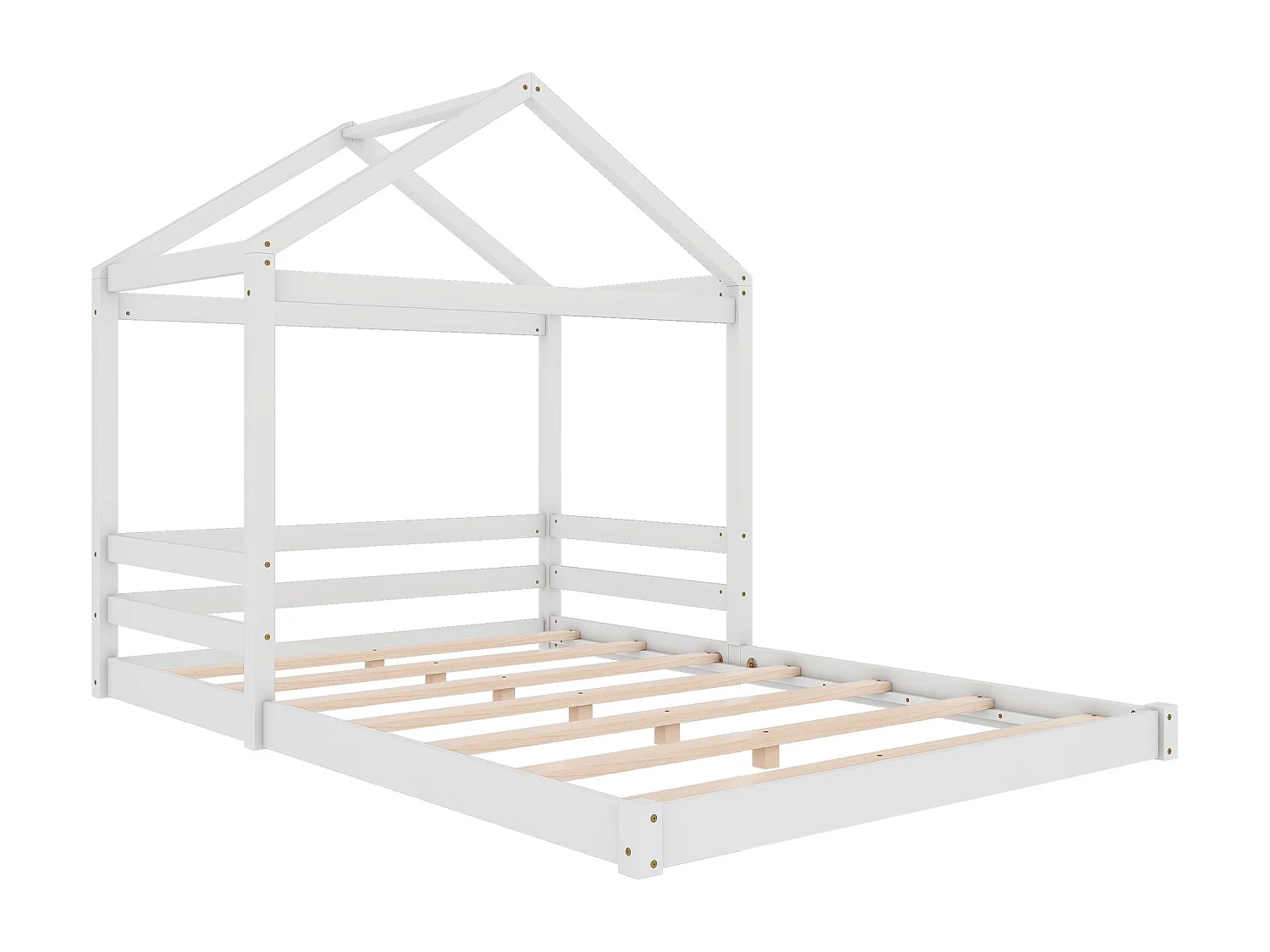 Cama de criança tipo cabana, 140x200cm, com estrado de ripas, em pinho e MDF, branca.