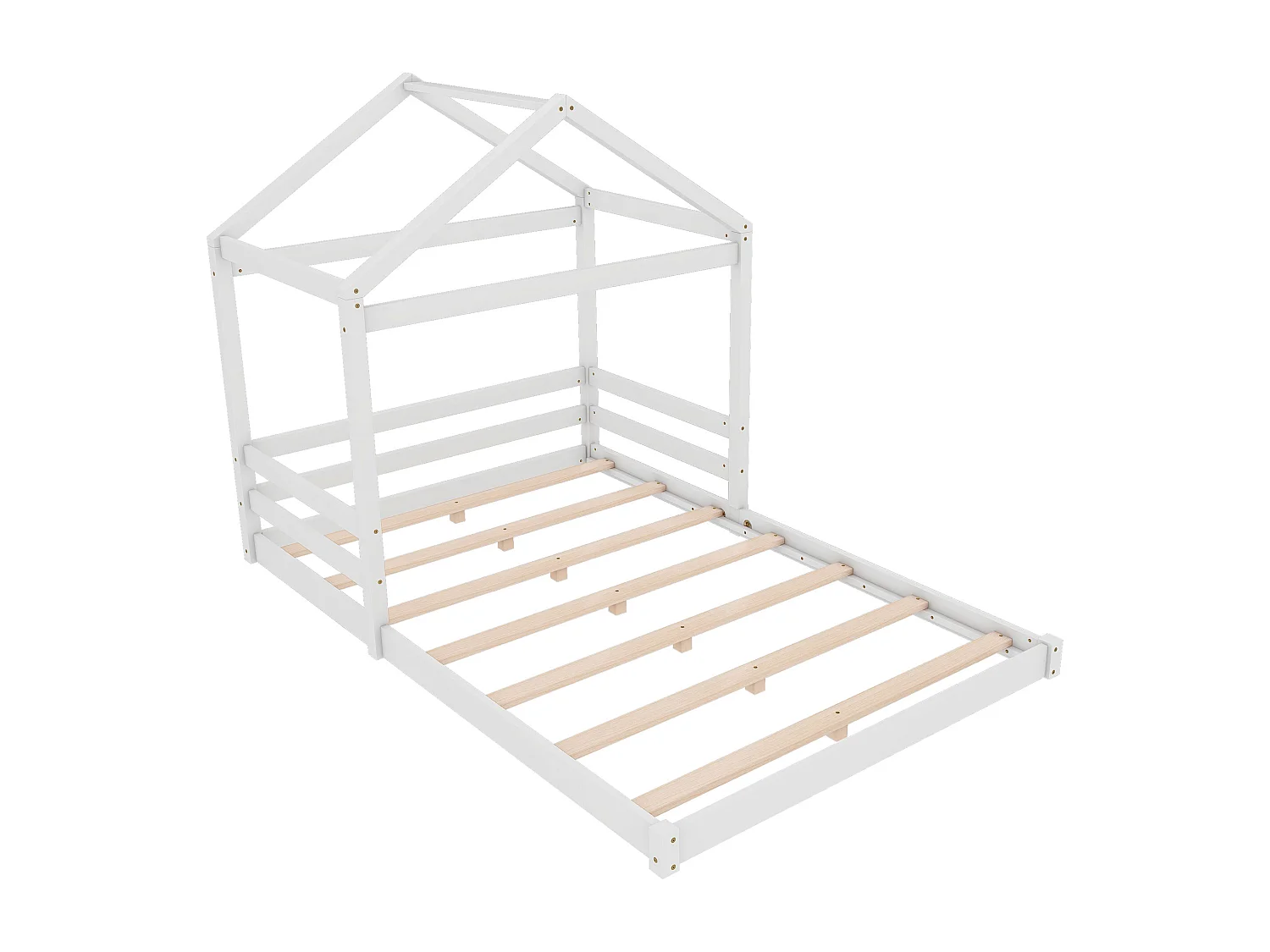 Cama de criança tipo cabana, 140x200cm, com estrado de ripas, em pinho e MDF, branca.