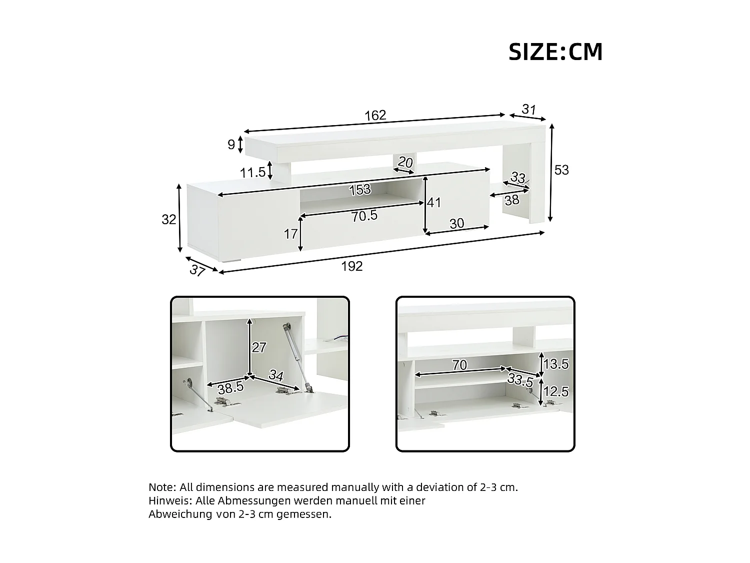 Suporte para TV com iluminação LED e 3 portas - acabamento brilhante - Branco 192 x 37 x 53 cm