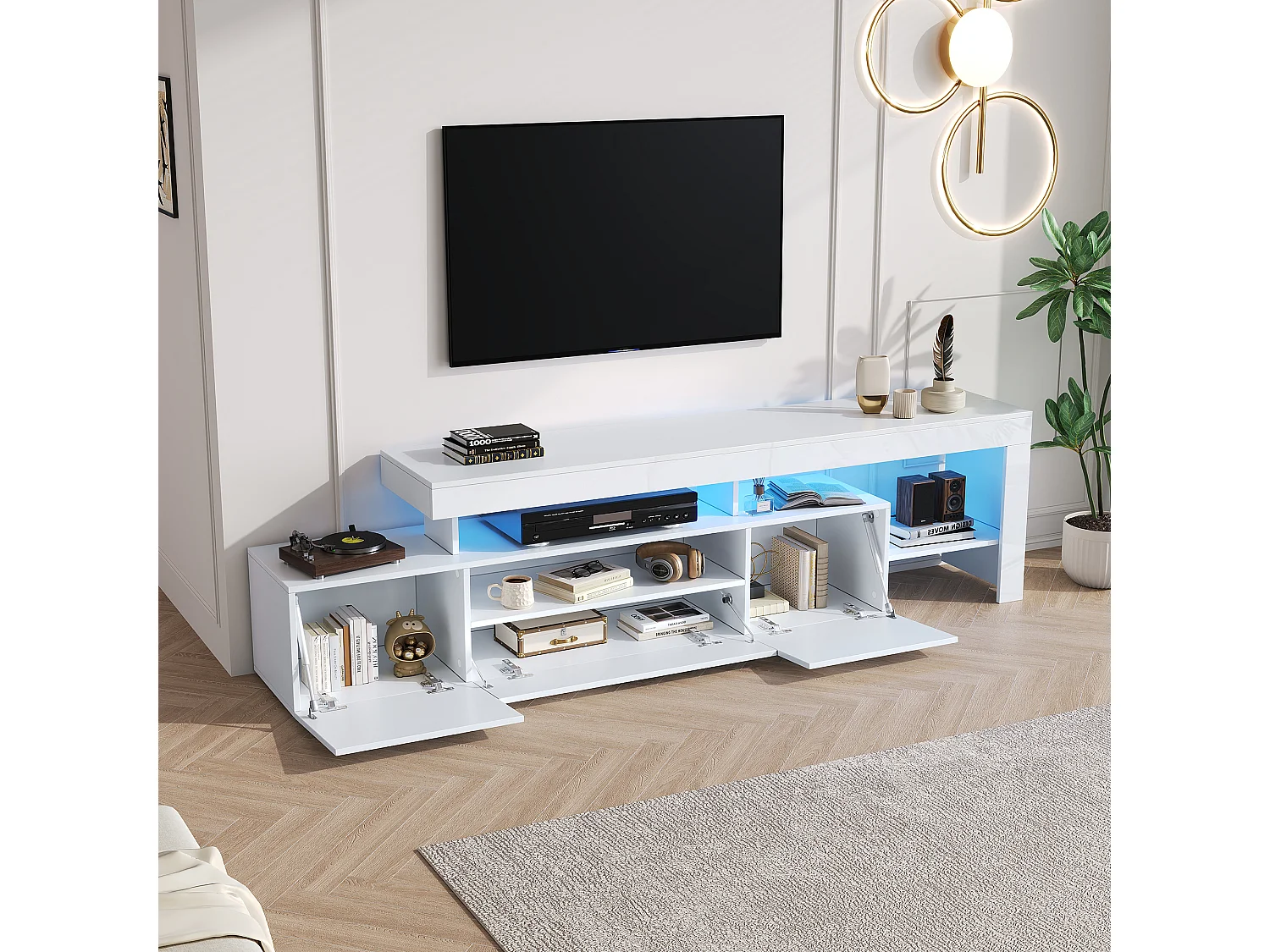 Suporte para TV com iluminação LED e 3 portas - acabamento brilhante - Branco 192 x 37 x 53 cm