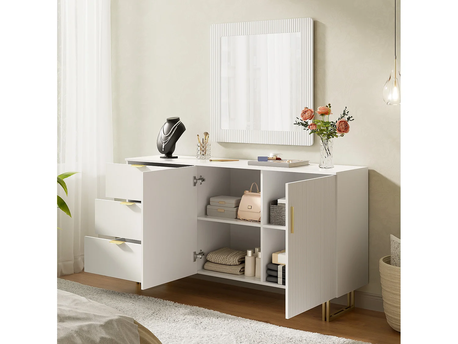 Ensemble buffet et miroir -3 tiroirs et 2 portes - Blanc