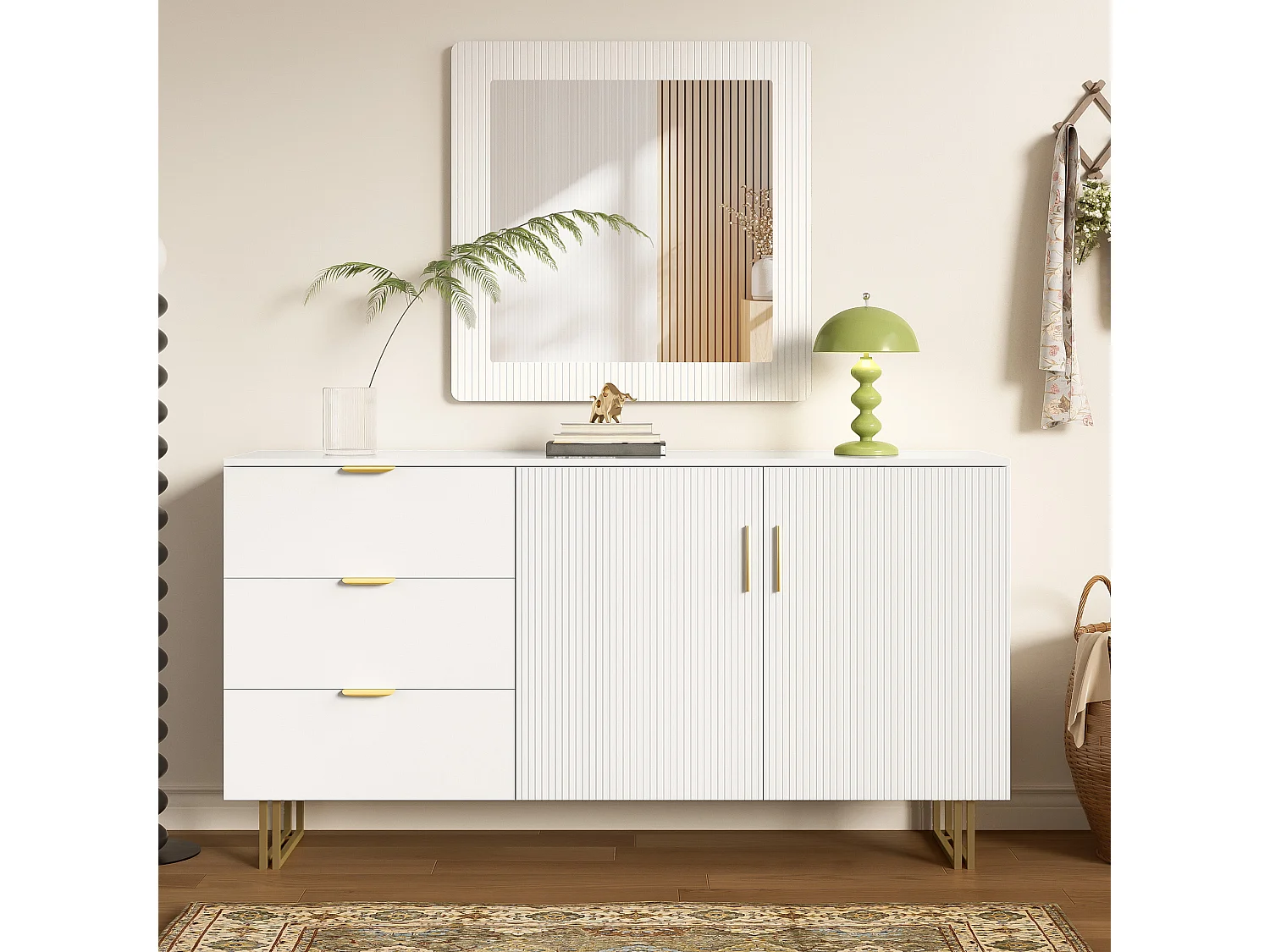 Ensemble buffet et miroir -3 tiroirs et 2 portes - Blanc