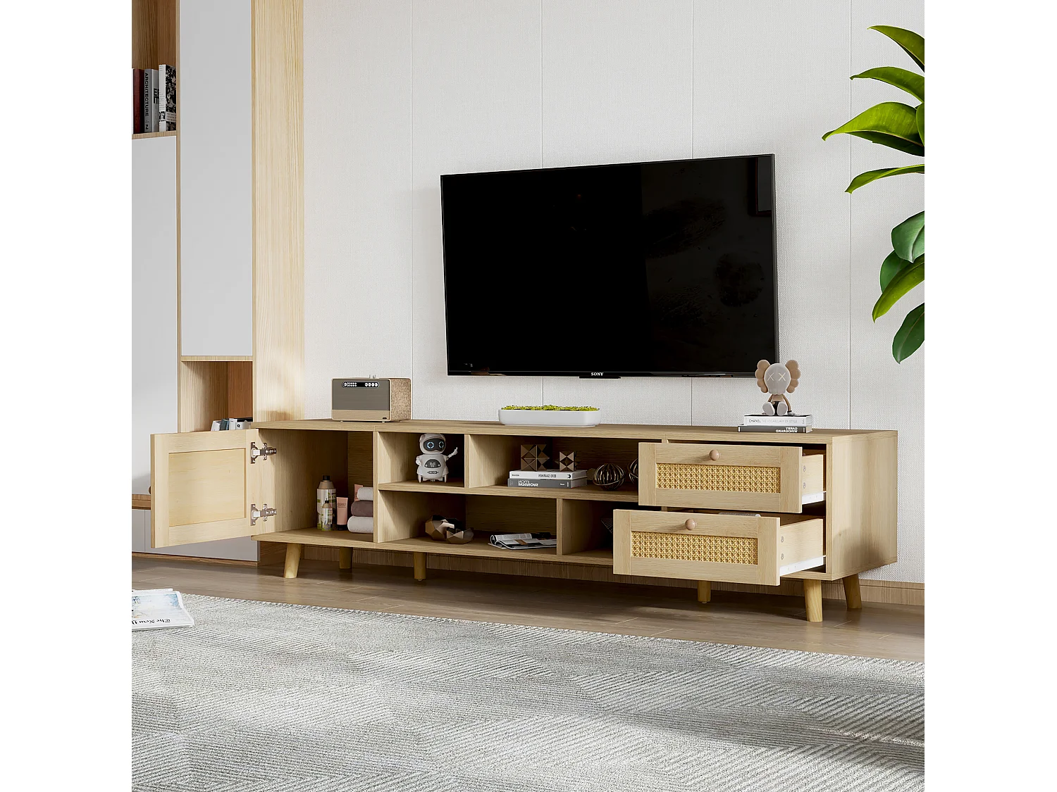 Suporte para TV com 2 gavetas e 1 porta, cor natural
