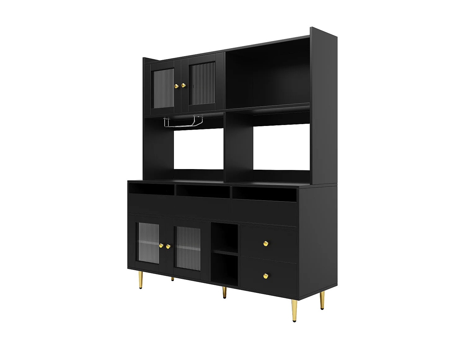 Credenza da cucina con 4 ante in vetro e 5 cassetti, gambe dorate, nero