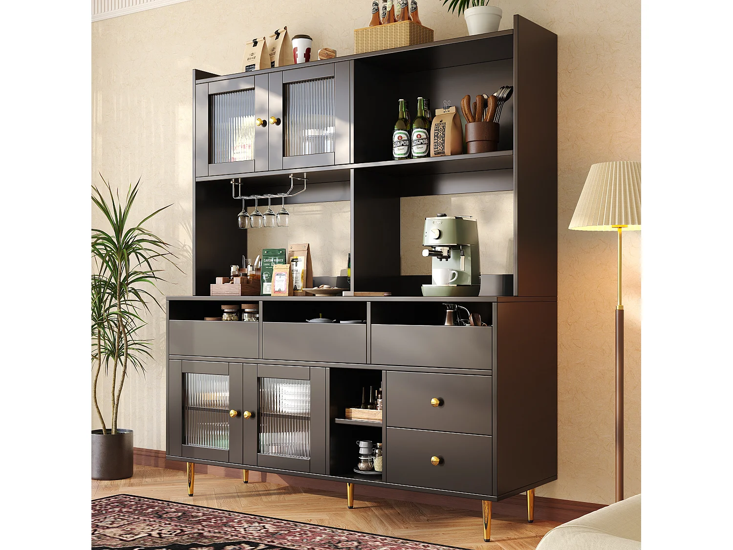 Buffet de cuisine avec 4 portes vitrées et 5 tiroirs, pieds dorés, noir