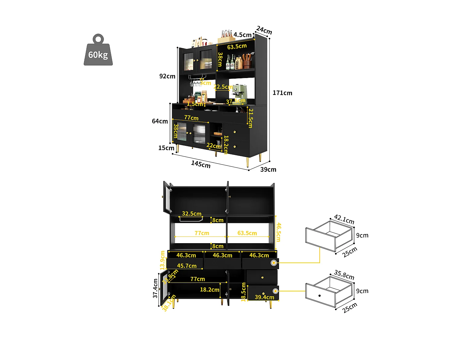 Buffet de cuisine avec 4 portes vitrées et 5 tiroirs, pieds dorés, noir