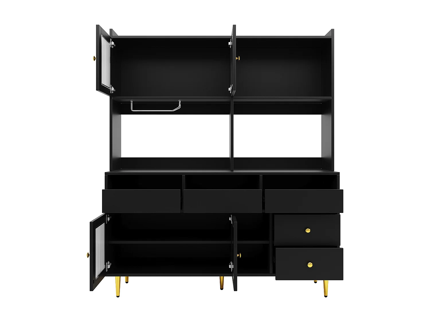 Buffet de cuisine avec 4 portes vitrées et 5 tiroirs, pieds dorés, noir