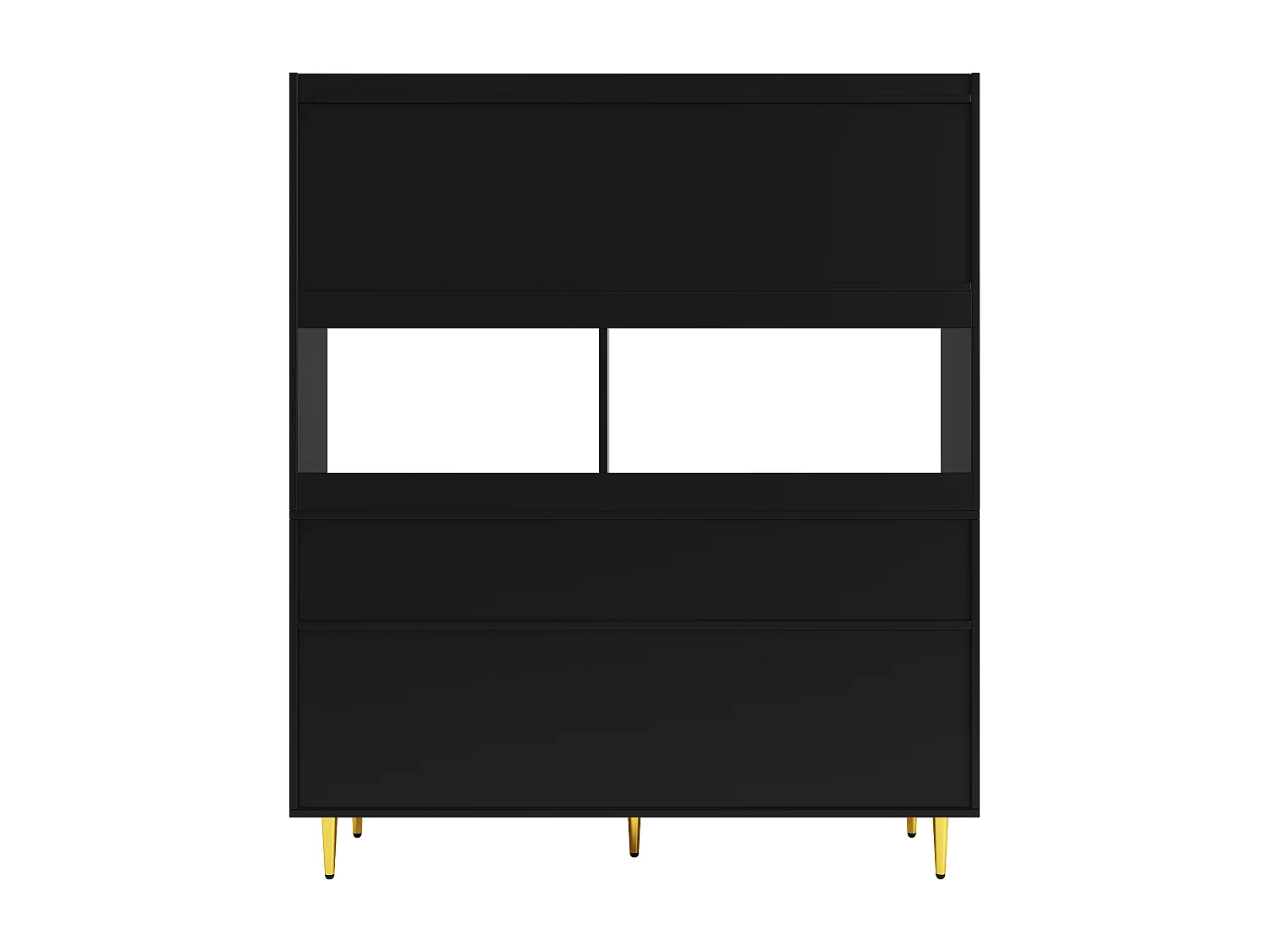 Buffet de cuisine avec 4 portes vitrées et 5 tiroirs, pieds dorés, noir