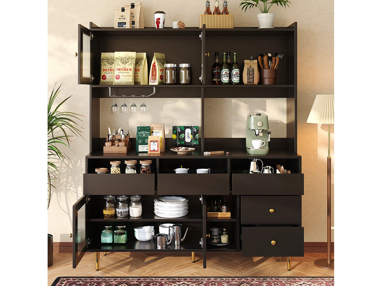 Buffet de cuisine avec 4 portes vitrées et 5 tiroirs, pieds dorés, noir