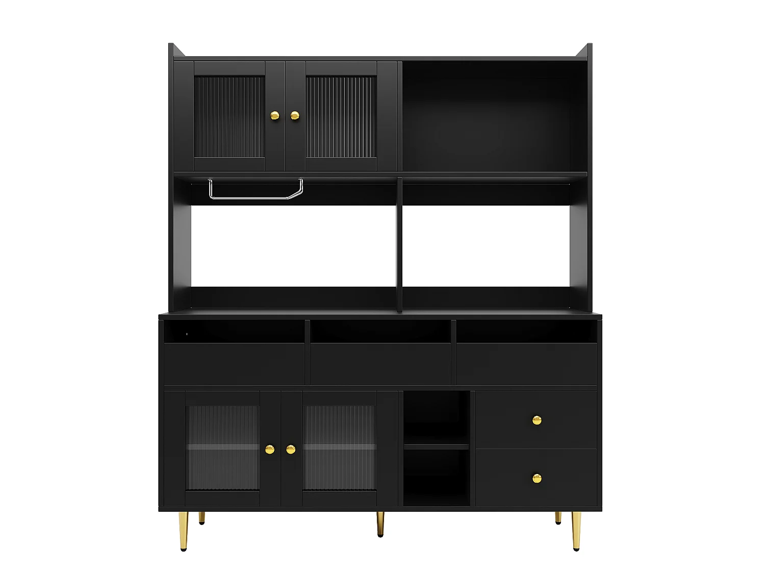 Buffet de cuisine avec 4 portes vitrées et 5 tiroirs, pieds dorés, noir