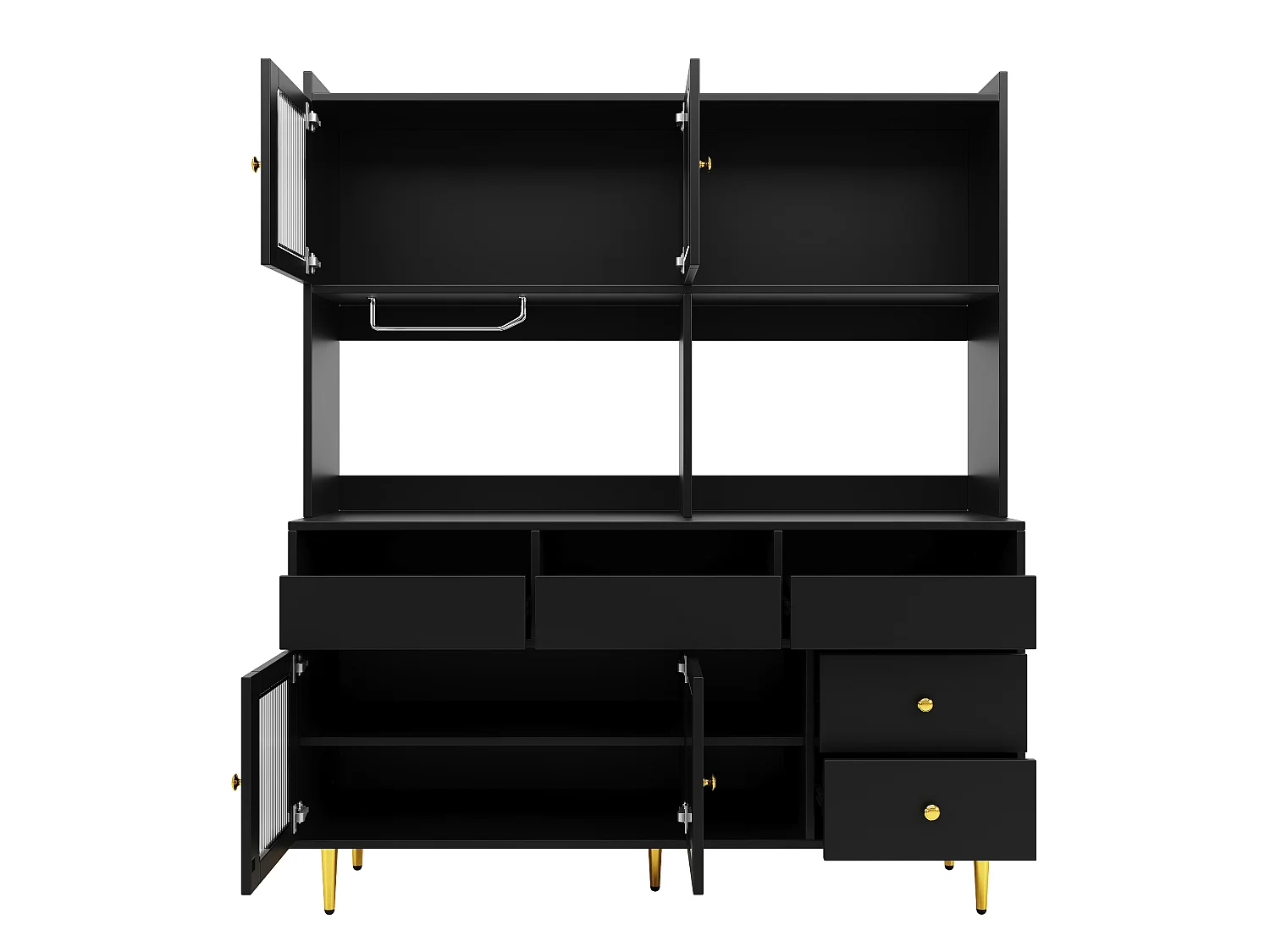 Buffet de cuisine avec 4 portes vitrées et 5 tiroirs, pieds dorés, noir