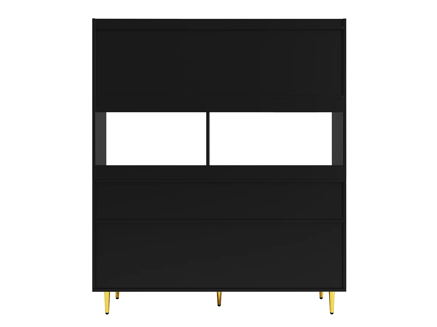 Buffet de cuisine avec 4 portes vitrées et 5 tiroirs, pieds dorés, noir