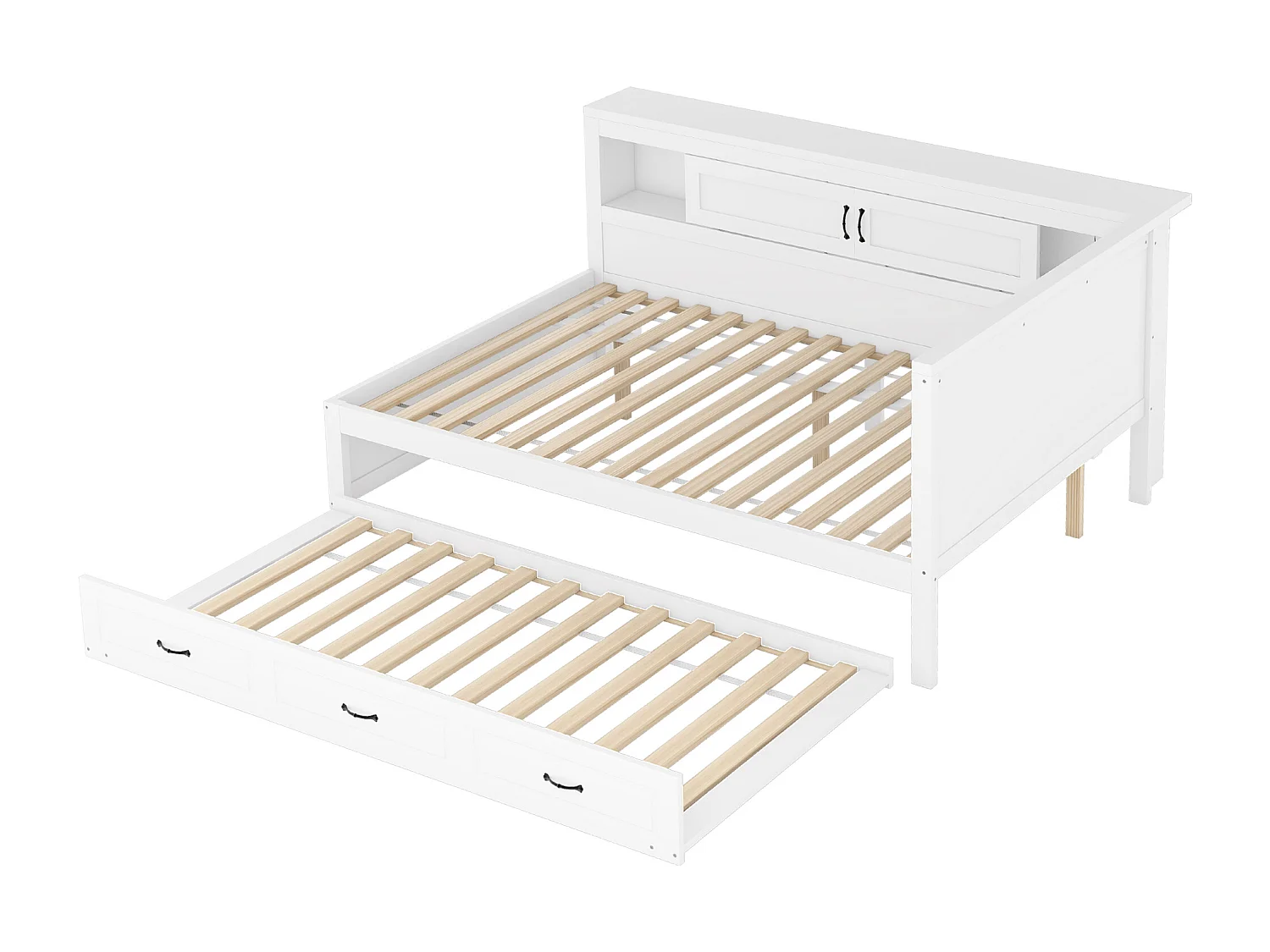 Lit banquette 140 x 200cm avec lit gigogne 90 x 190cm - Avec LED, USB et rangement -Blanc